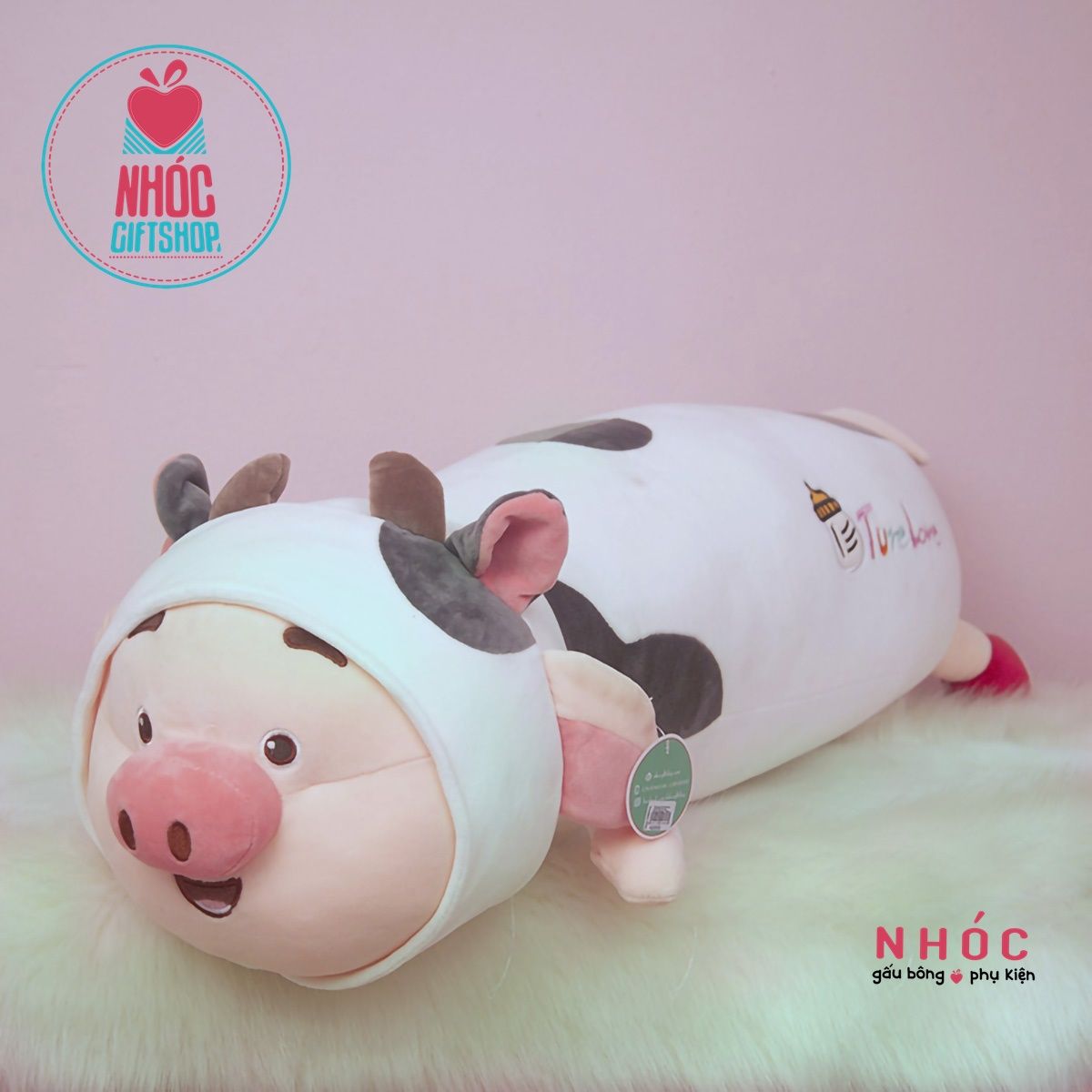 Thú bông Heo tik tok mặc áo thú lông mịn nằm - Bò sữa trắng đen - 90520