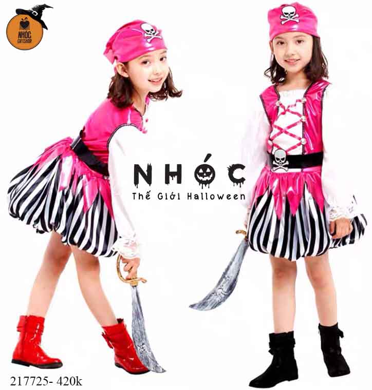 Đầm halloween cướp biển bright pink pirate girl combo nón vải in đầu lâu - Hồng - Size M - 115420