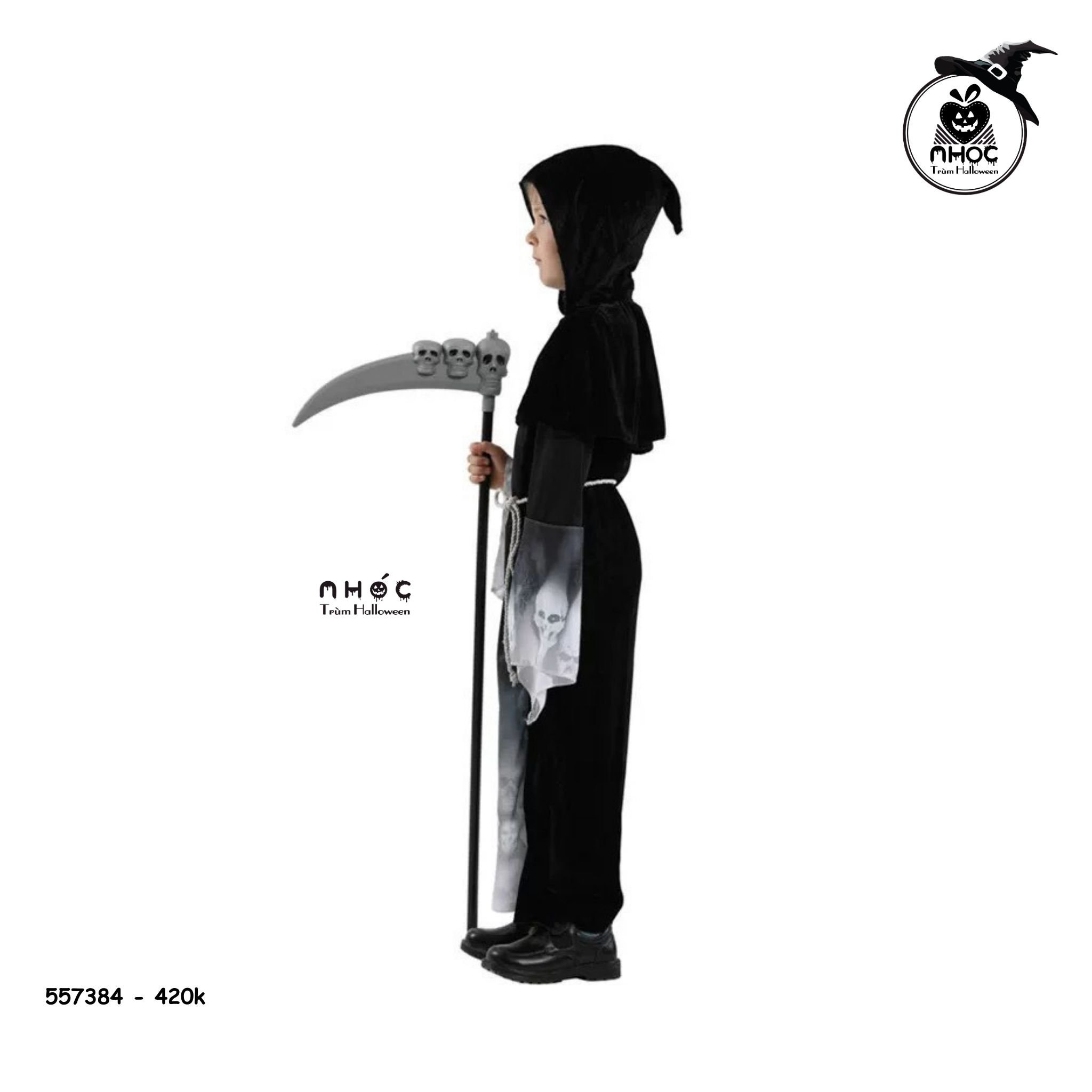 Aó halloween thần chết vải nhung thun in đầu lâu có nón combo thắt lưng- 42001 - L