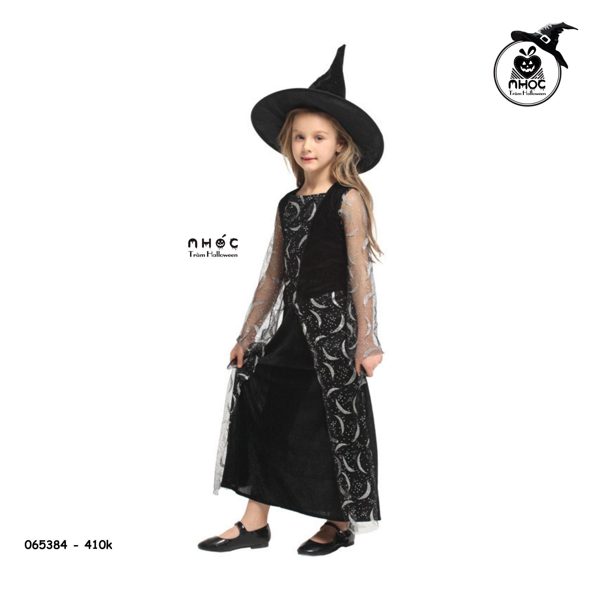 Đầm halloween phù thủy vải nhung lưới in trăng combo nón - Đen - Size M - 115410