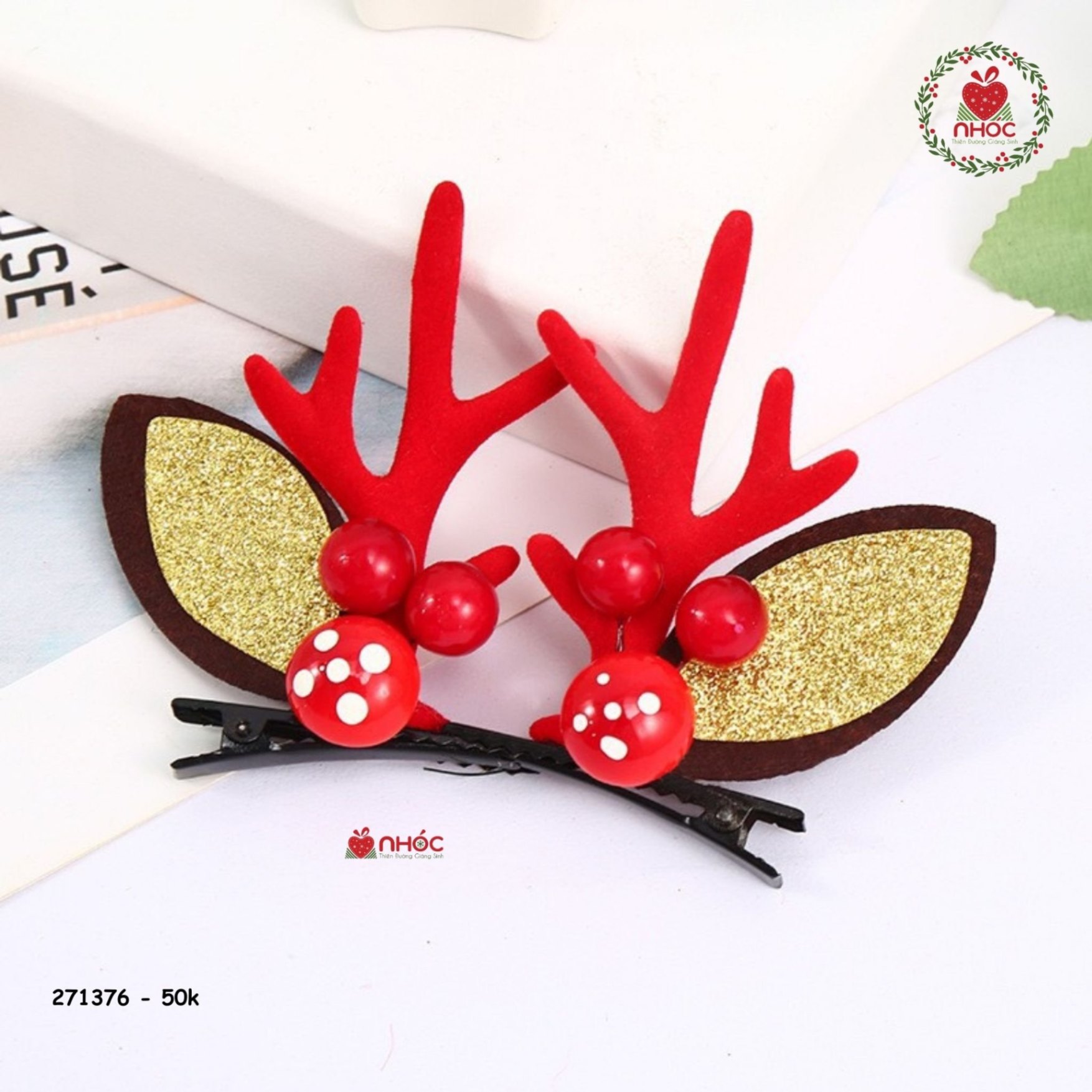 Kẹp tóc noel sừng tuần lộc trái đỏ nấm bộ 2 - 5001