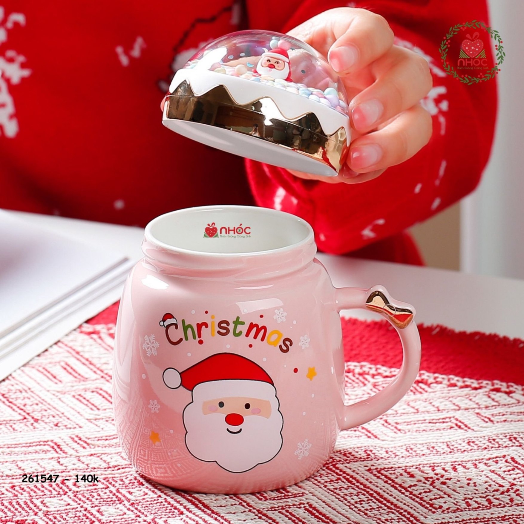 Ly sứ Noel nắp tuyết - Ông Già - Hồng - 14001