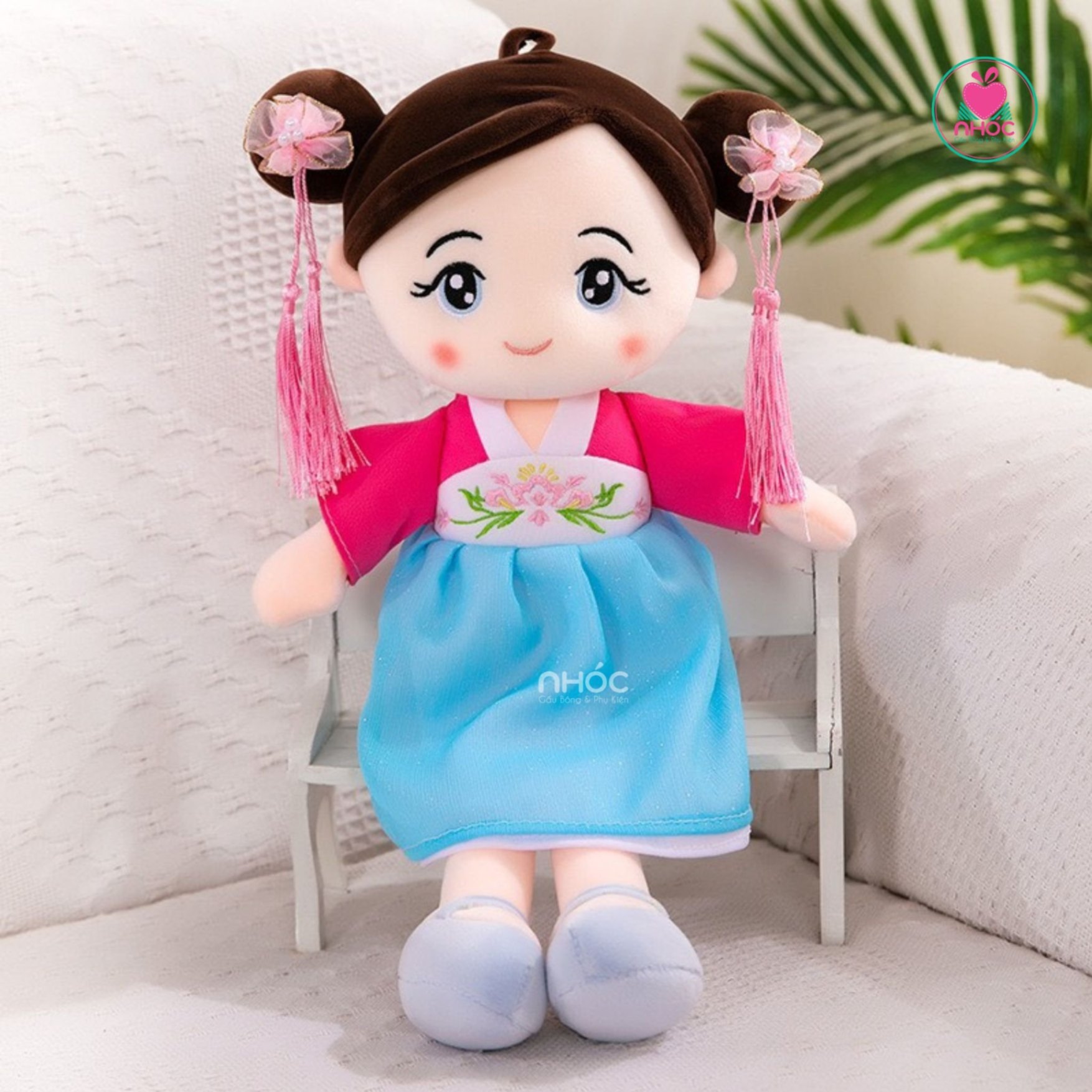 Búp bê bông mặc đầm cổ trang lông mịn - Xanh ngọc - 90580