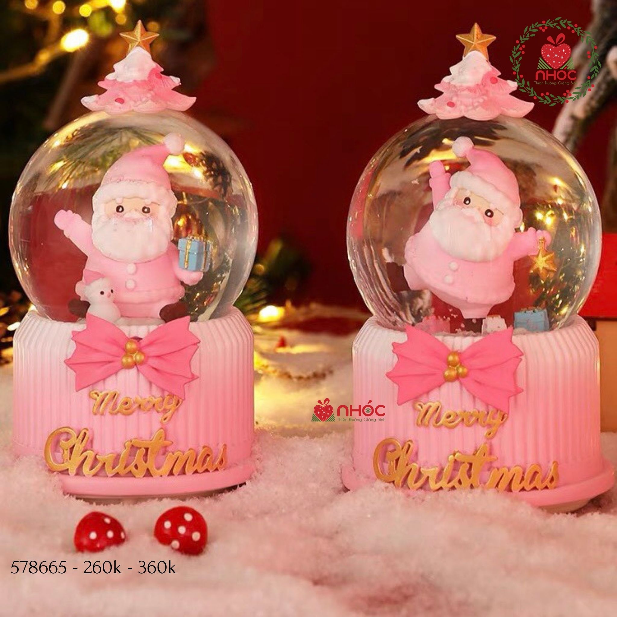 Cầu tuyết Noel đính cây thông nhạc đèn - Ổng già nghiêng - Hồng - 26001