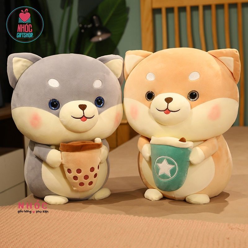 Thú bông Chó shiba ôm trà sữa lông mịn ngồi TC - Xám - 85780