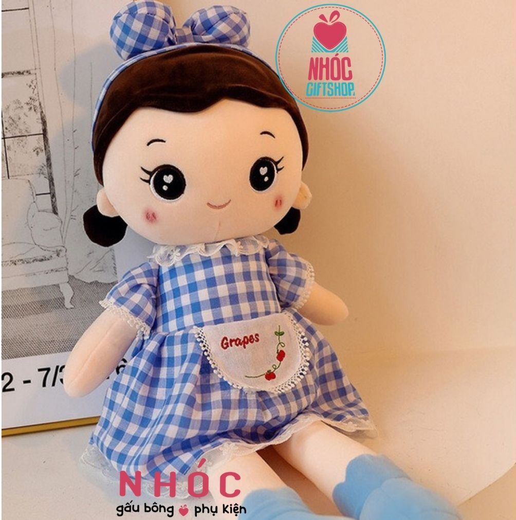 Búp bê bông mặc đầm sọc caro lông mịn - Xanh dương - 115680