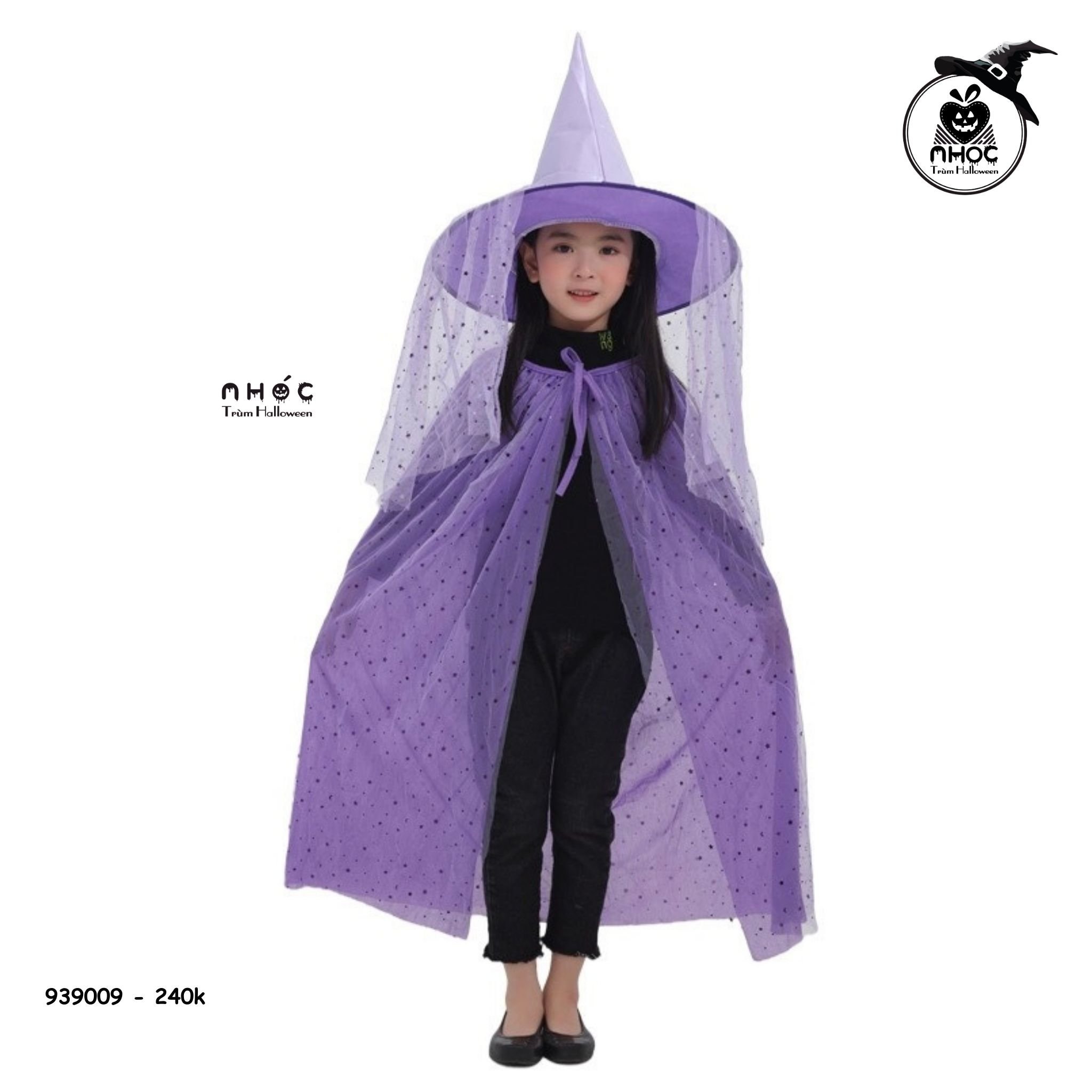 Áo choàng halloween phù thủy in sao váy lưới combo nón - Tím - 24001