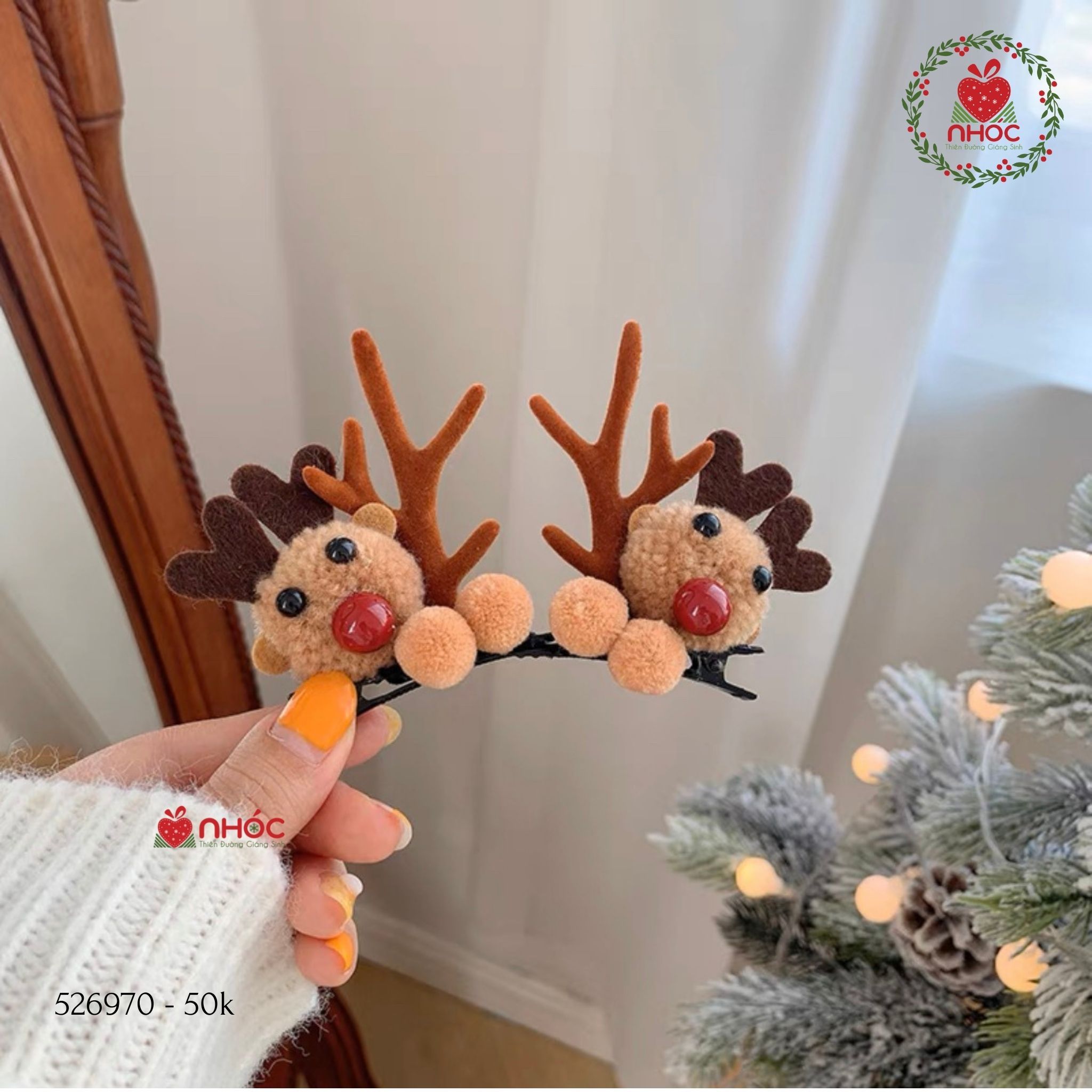 Kẹp tóc Noel sừng tuần lộc đính tuần lộc bộ 2 - Nâu - 5001