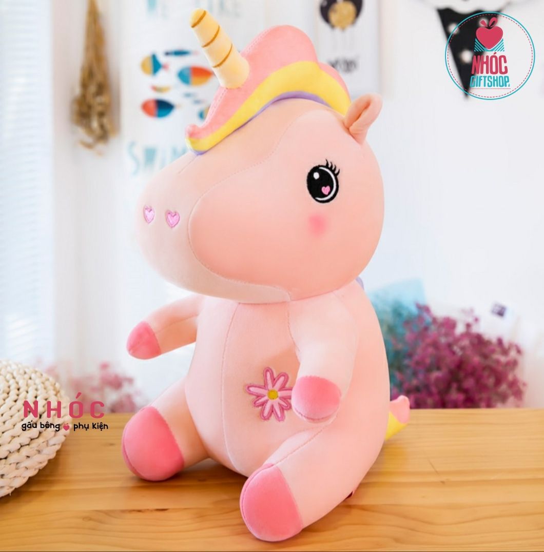 Thú bông Kỳ lân ngực thêu hoa lông mịn ngồi - Hồng - 2095