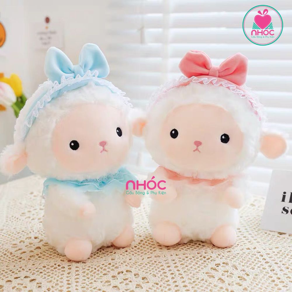 Thú bông nhỏ Cừu đội nón ren đính nơ lông xoắn