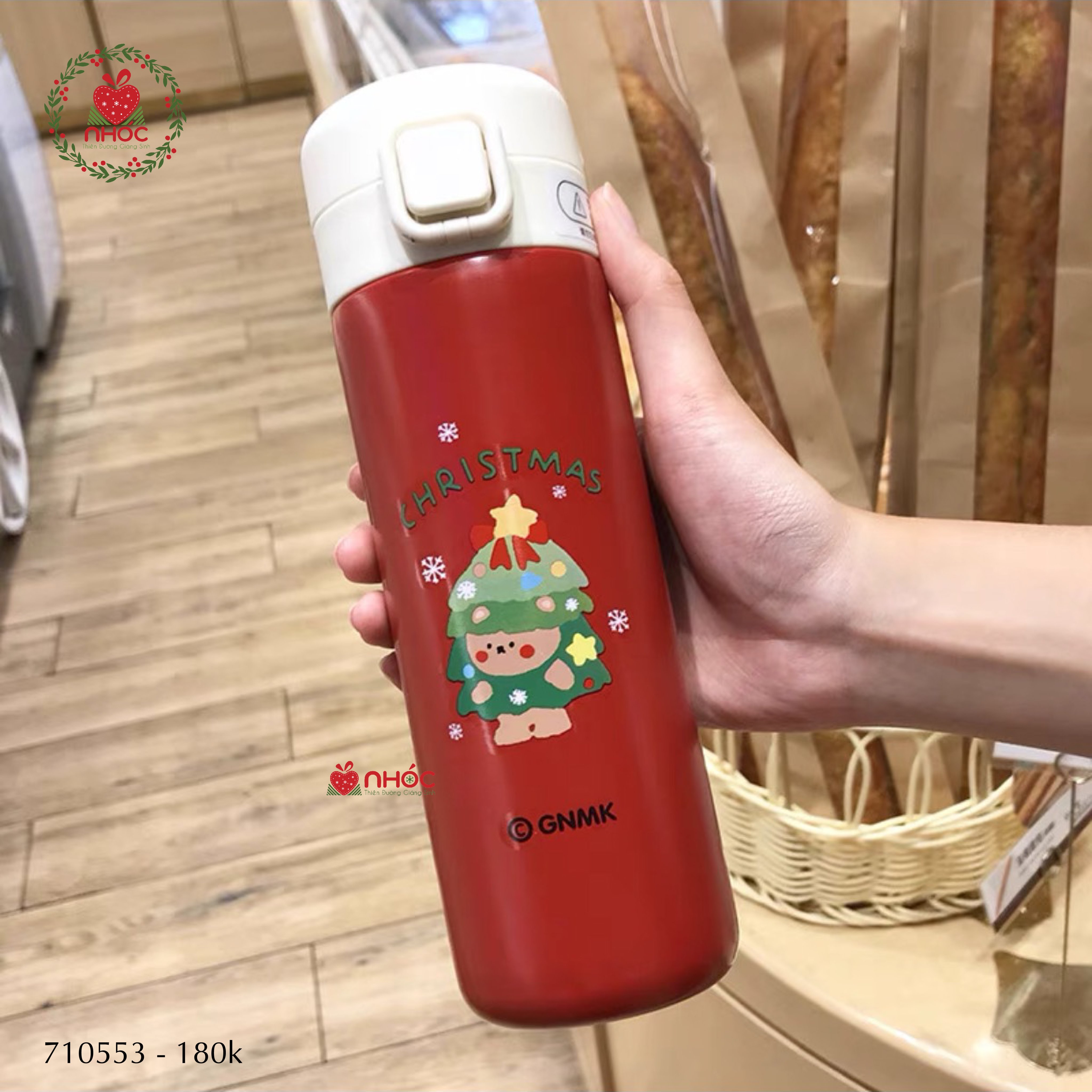 Bình giữ nhiệt Noel nắp vuông bật - Cây thông - 18001