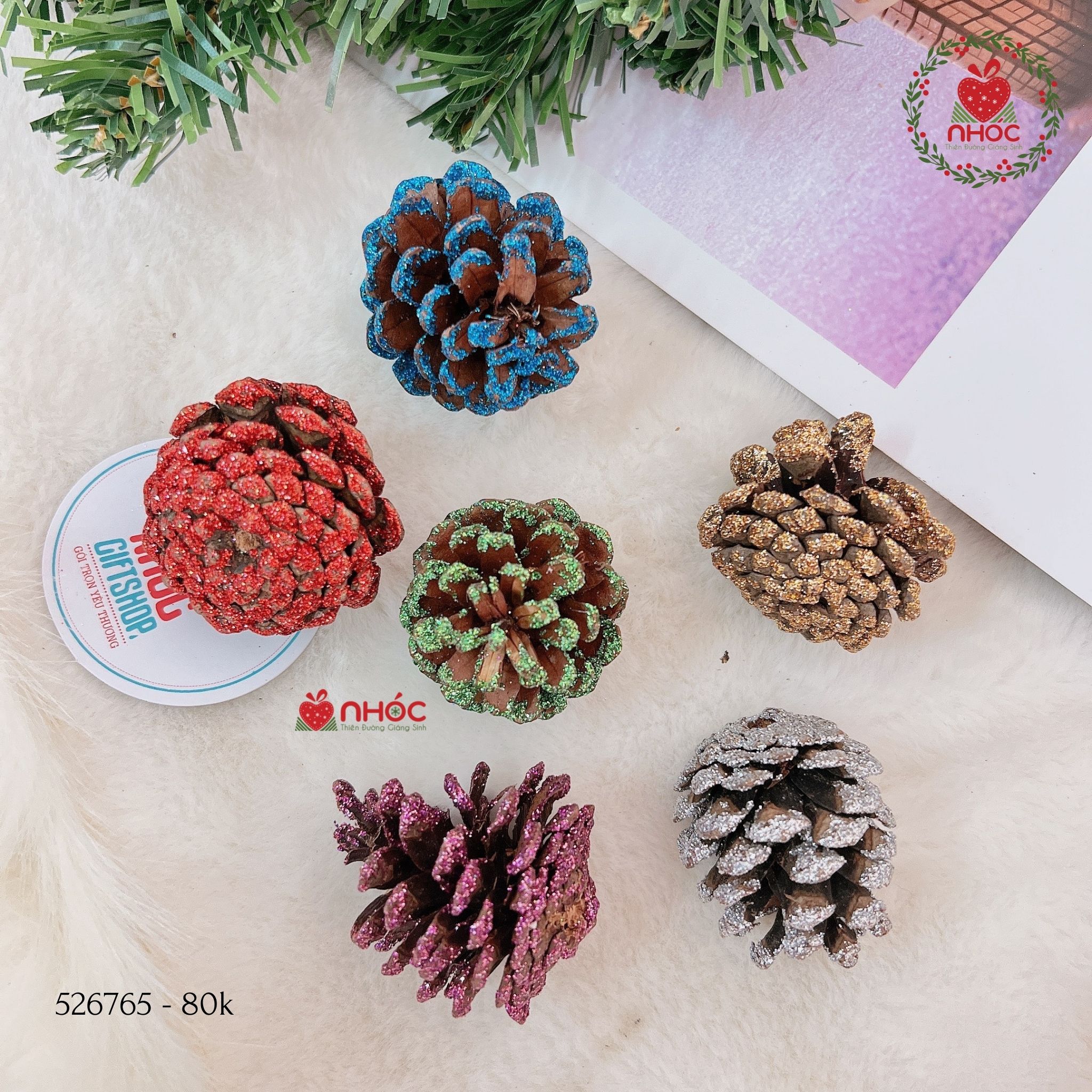 Phụ kiện trang trí Noel trái thông bộ 6 - Mix nhiều màu - 3080
