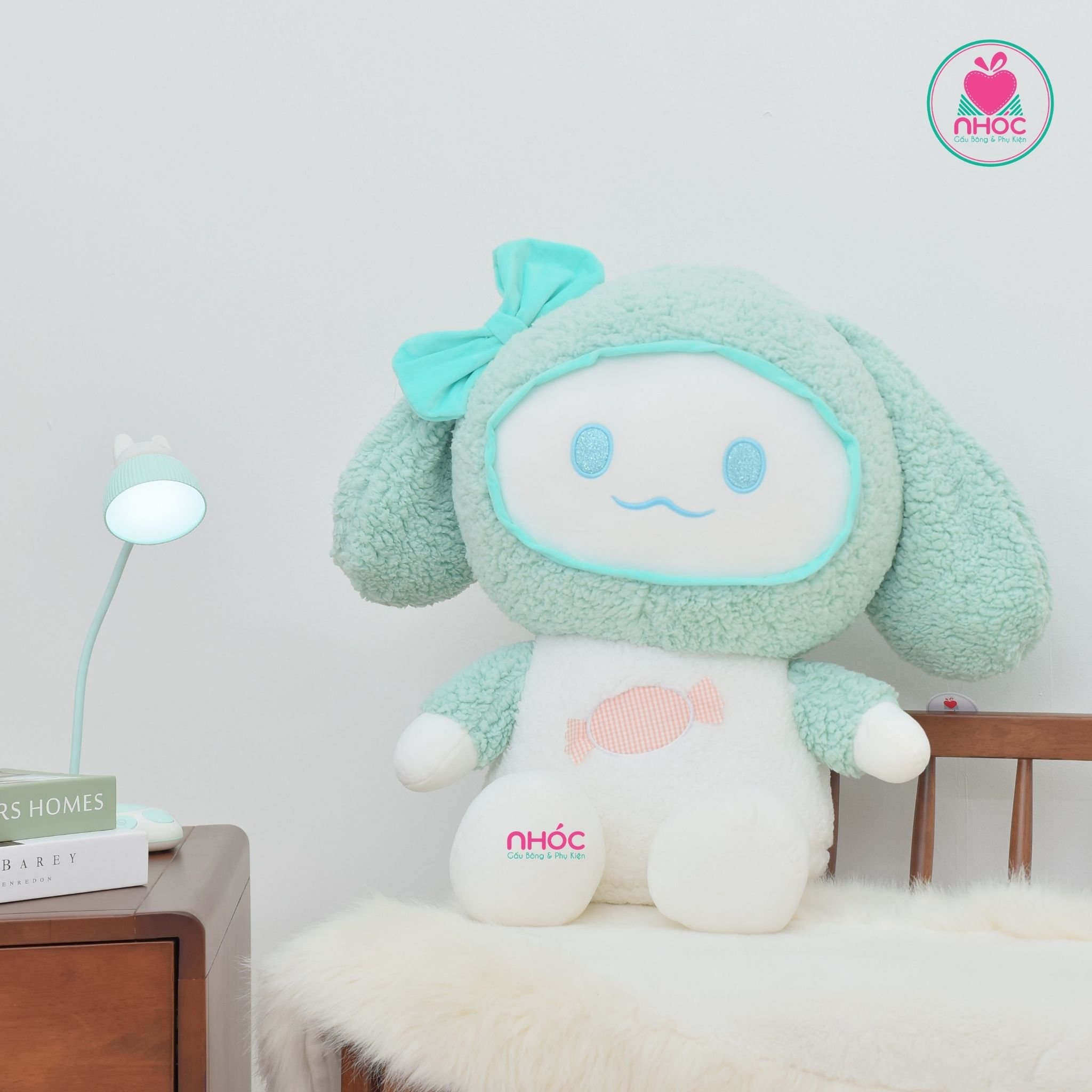 Thú bông thỏ Melody lông xù ngồi - Trắng xanh ngọc - 50380