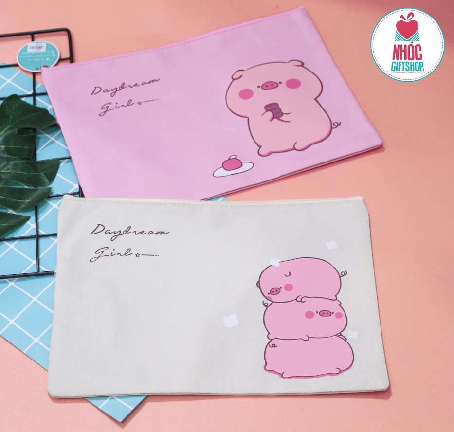 Túi xách vải bố in heo - Hồng - 3001