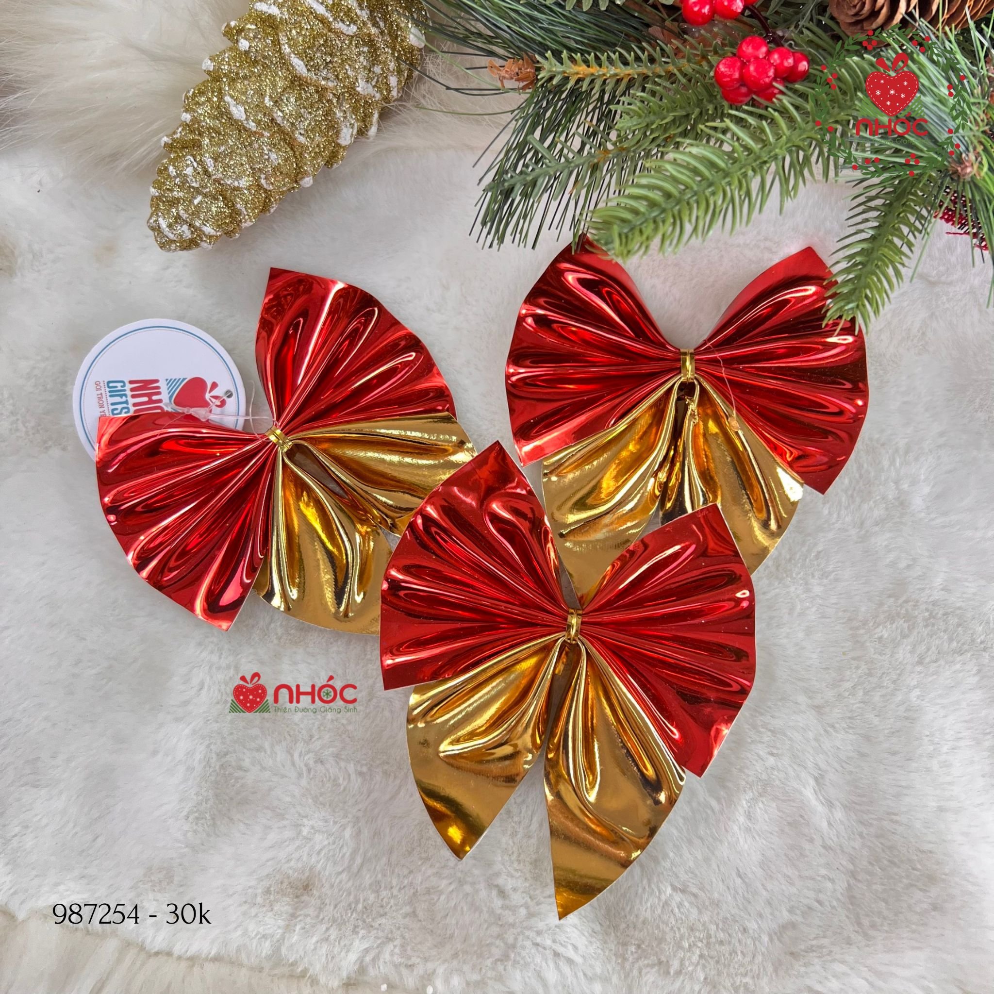 Phụ kiện trang trí Noel nơ bóng bộ 3 - Vàng đỏ - 3001