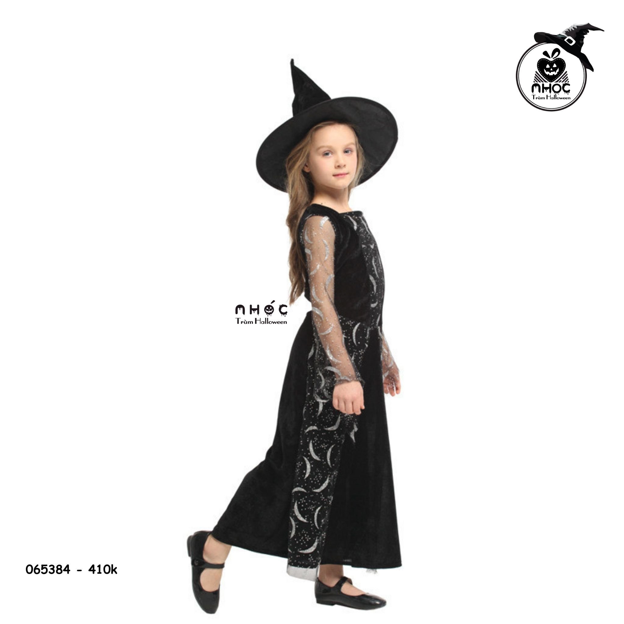 Đầm halloween phù thủy vải nhung lưới in trăng combo nón - Đen - Size XL - 115410