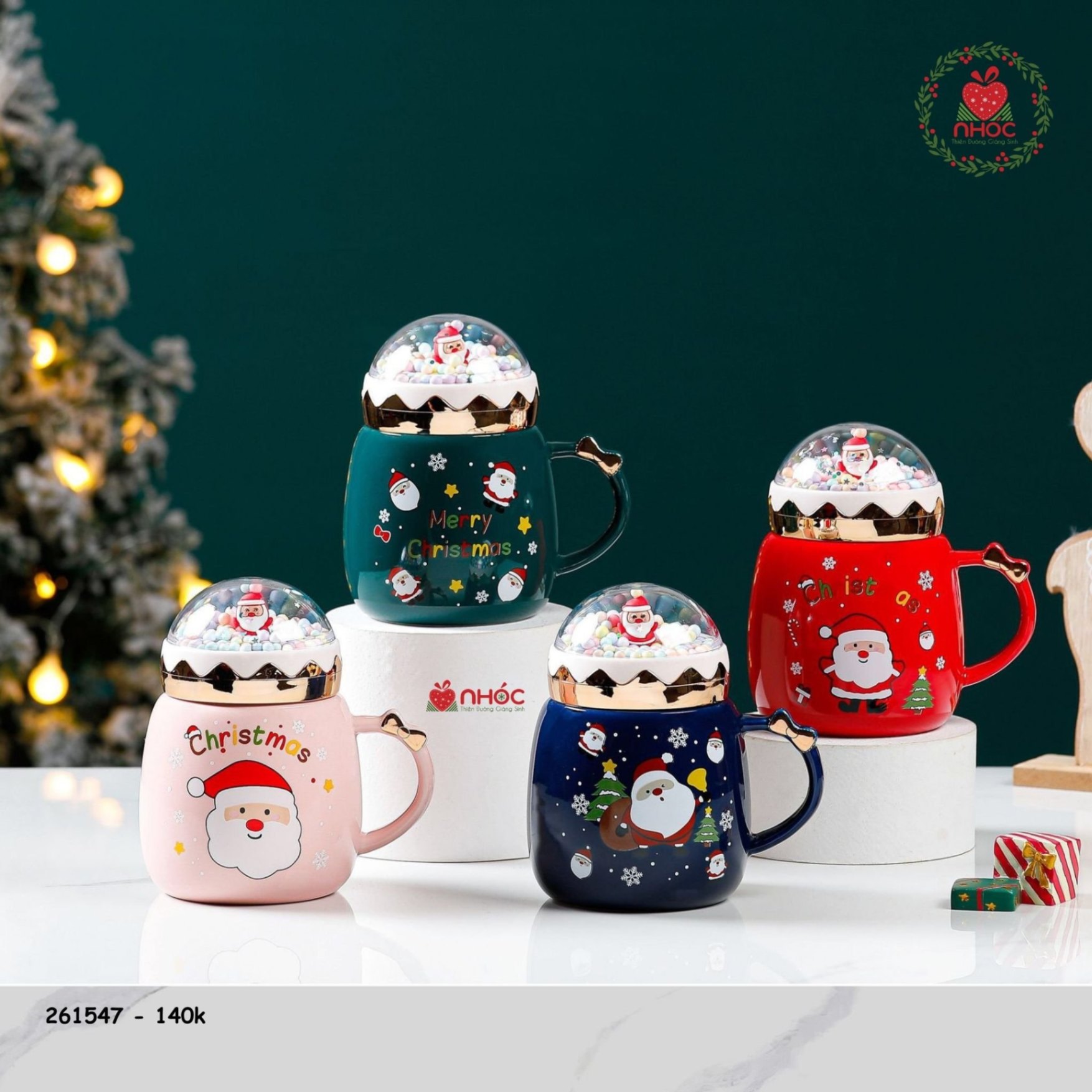 Ly sứ Noel nắp tuyết - Ông Già - Xanh Navy - 14001