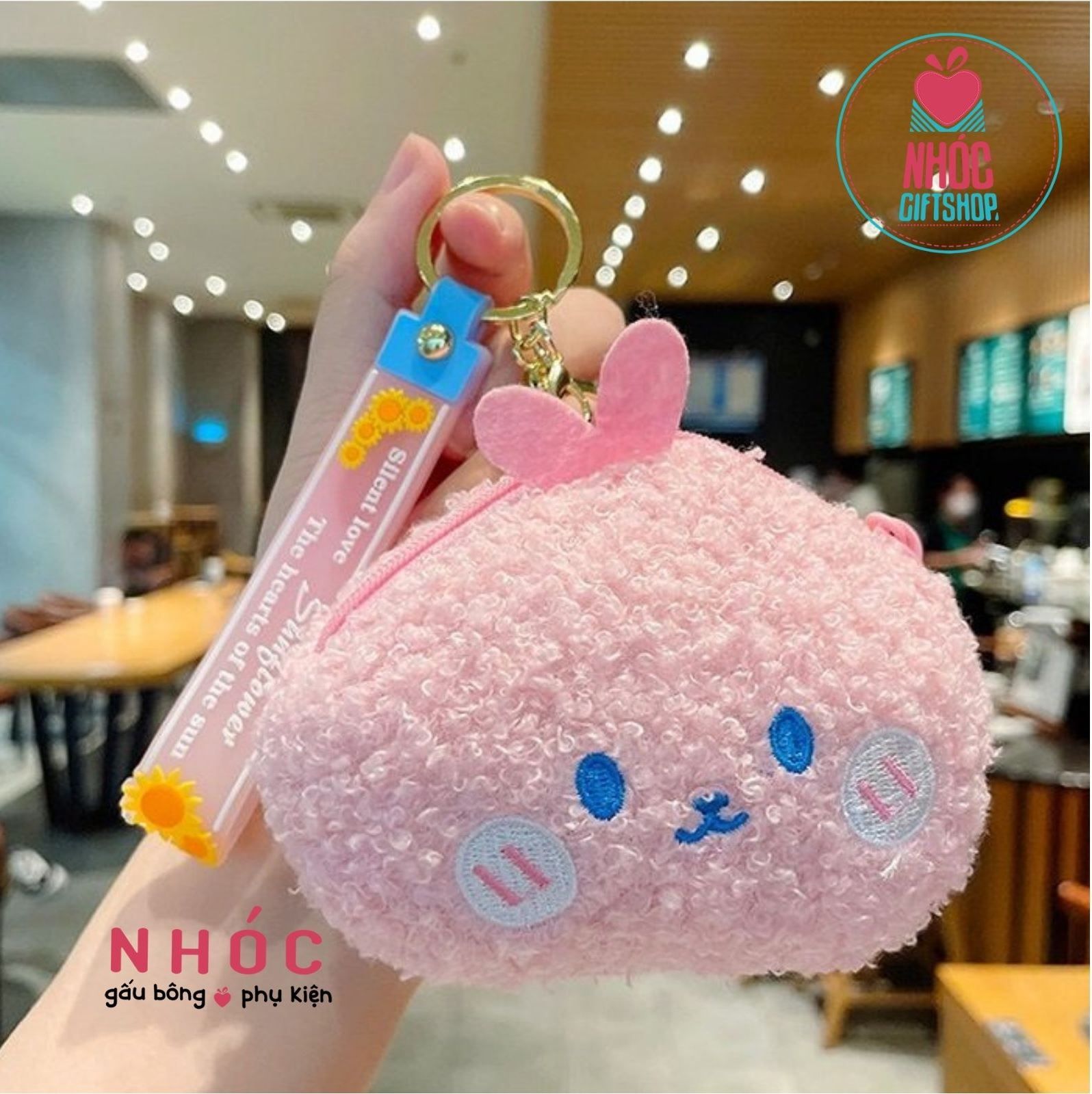 Móc khóa bông bóp ví đầu thú - 8001 - Thỏ hồng