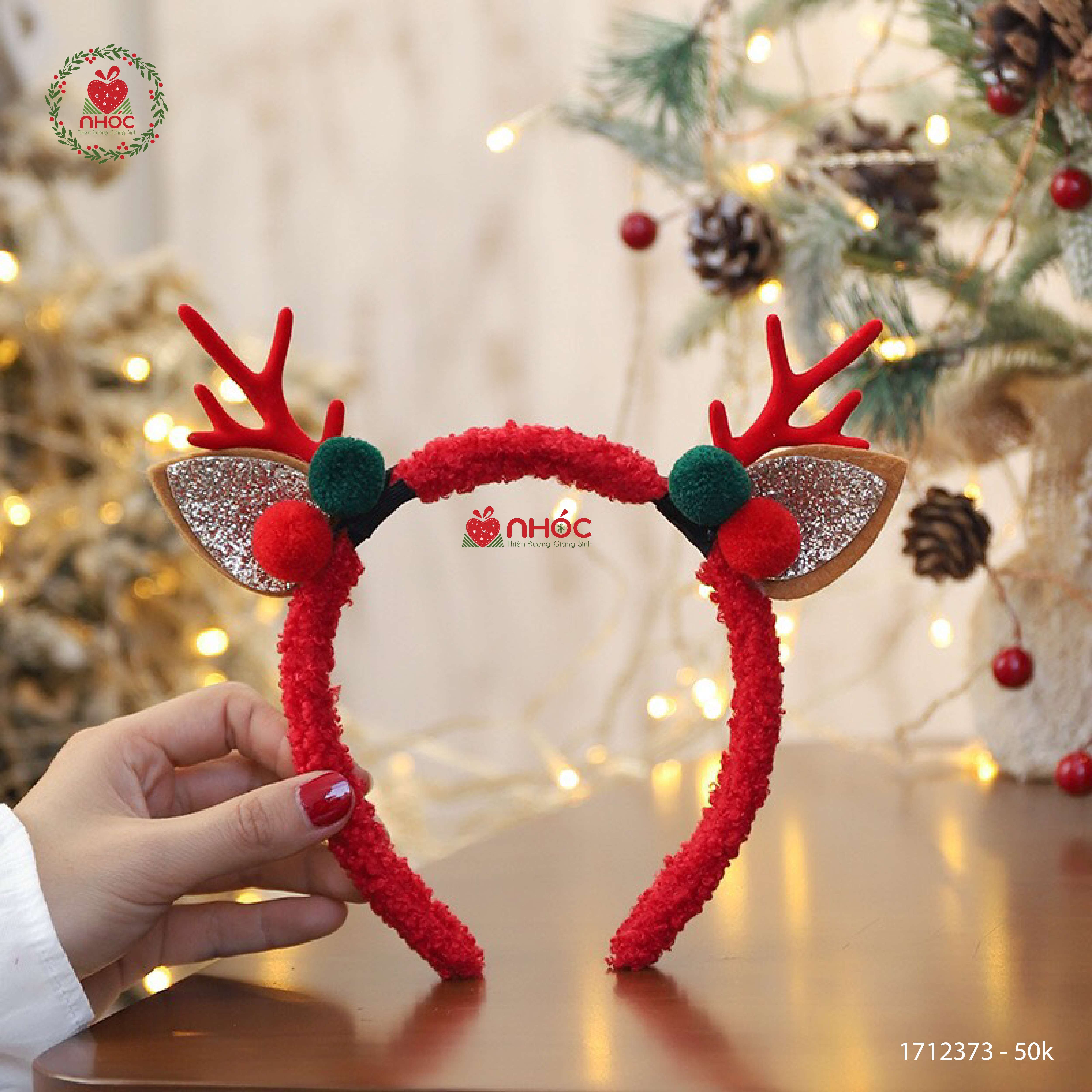 Cài tóc noel nỉ sừng tuần lộc - Chùm trái châu - Đỏ - 5001