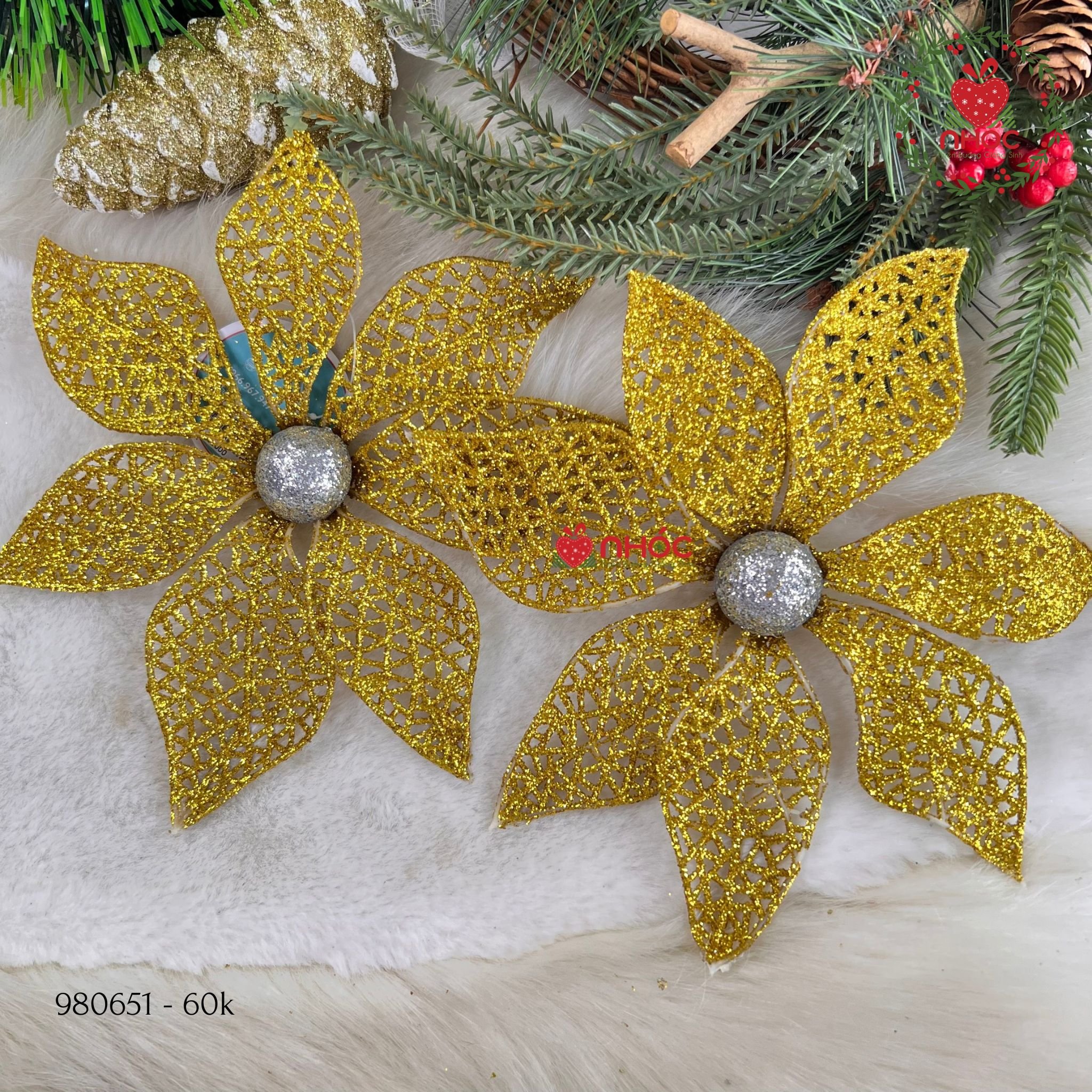 Phụ kiện trang trí Noel Hoa trạng nguyên kim tuyến bộ 2 - Vàng - 6001
