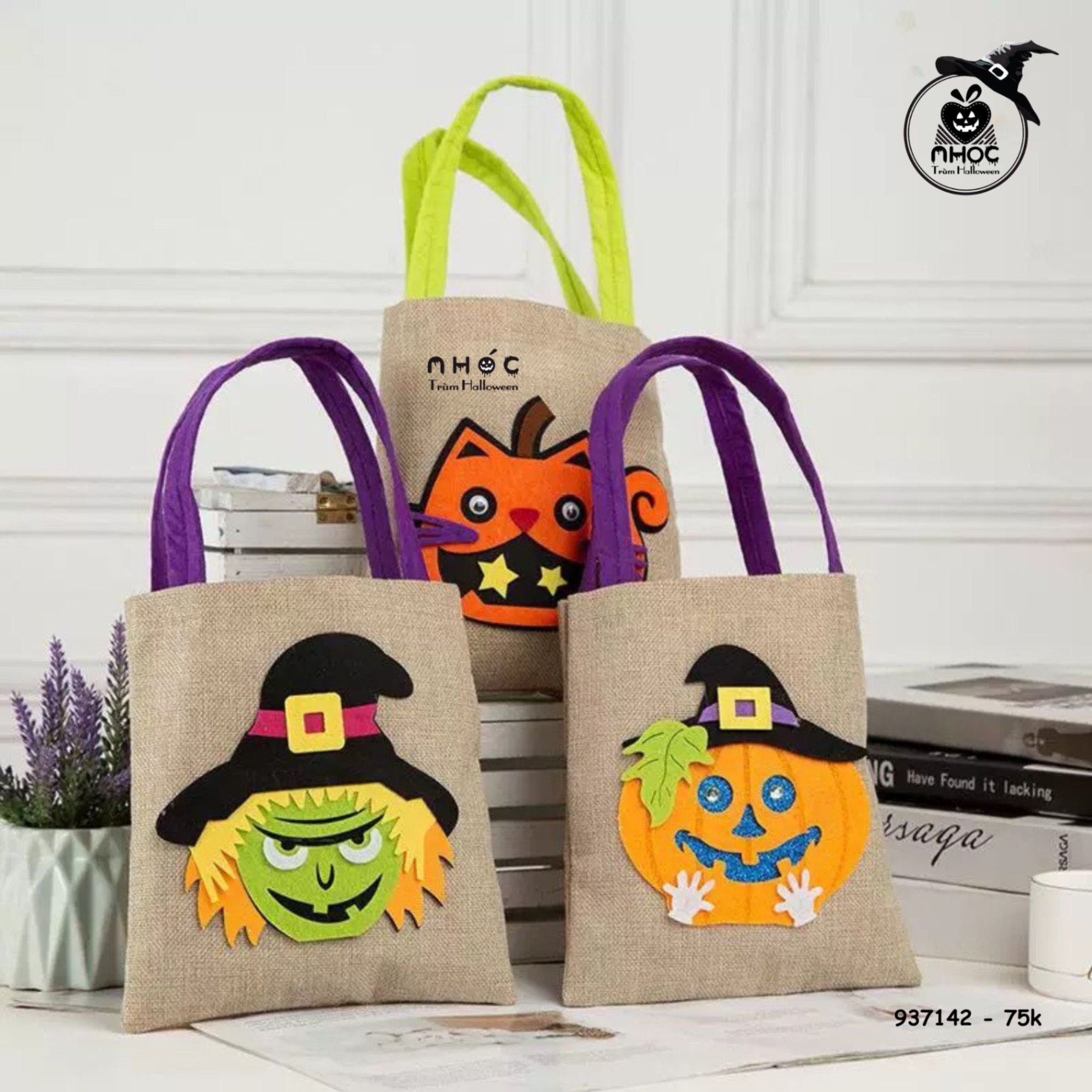 Túi xách Halloween vải bố - Ma bí đội nón - 7501