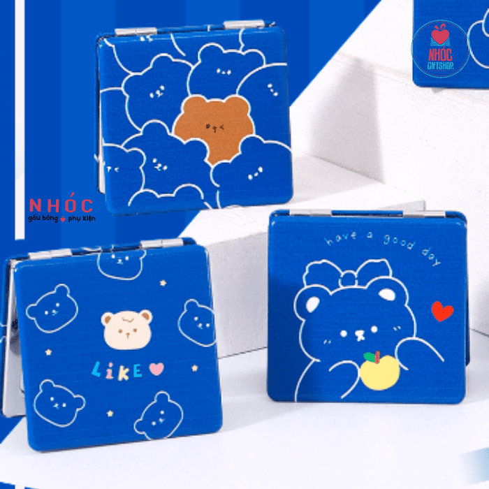 Gương mini cầm tay vuông họa tiết gấu xanh dương - 4001