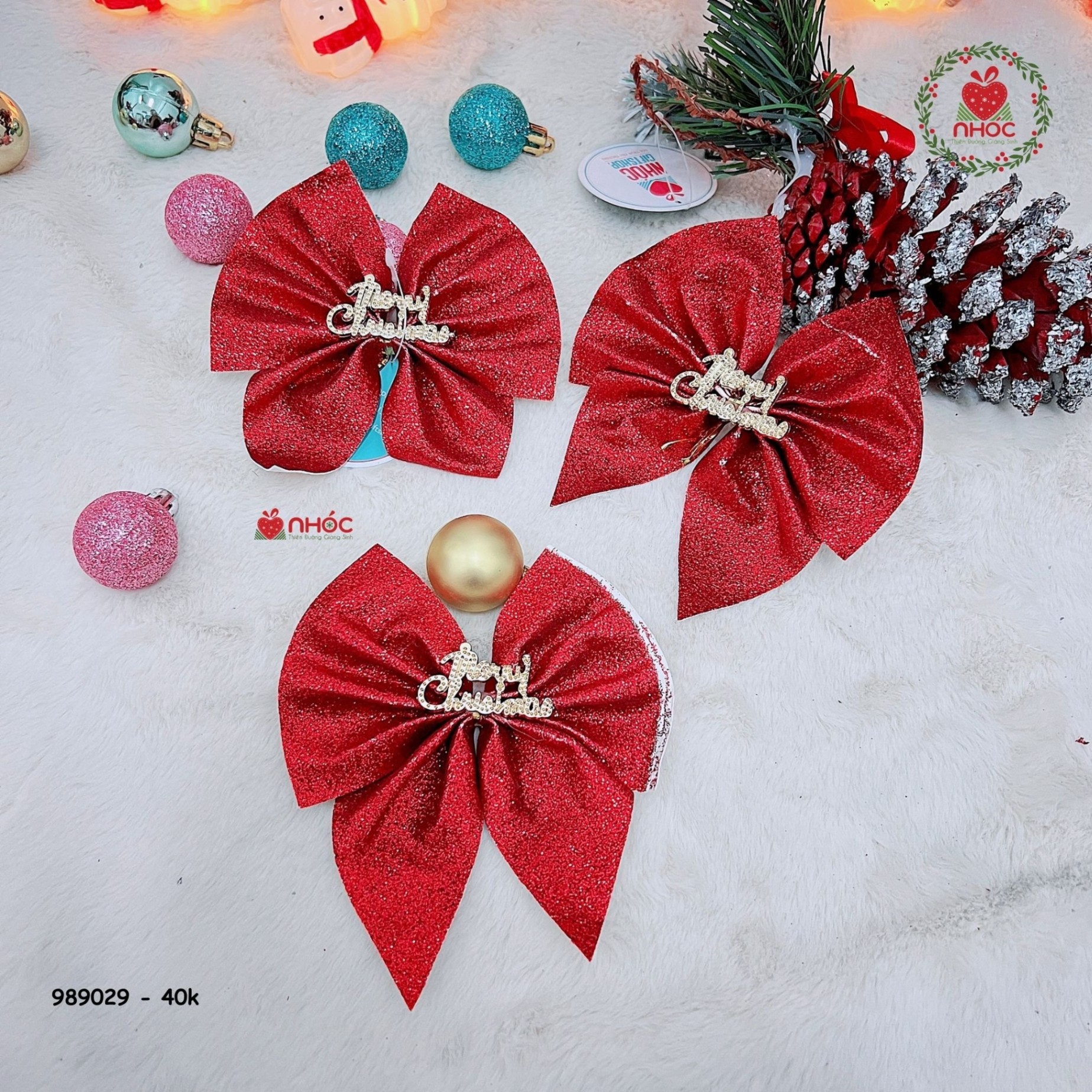 Phụ kiện trang trí Noel nơ kim tuyến bộ 3 - Đỏ - 4001