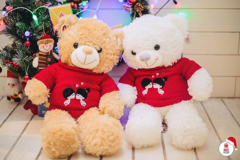 Gấu teddy áo len thêu 2 bé tim love - Nâu
