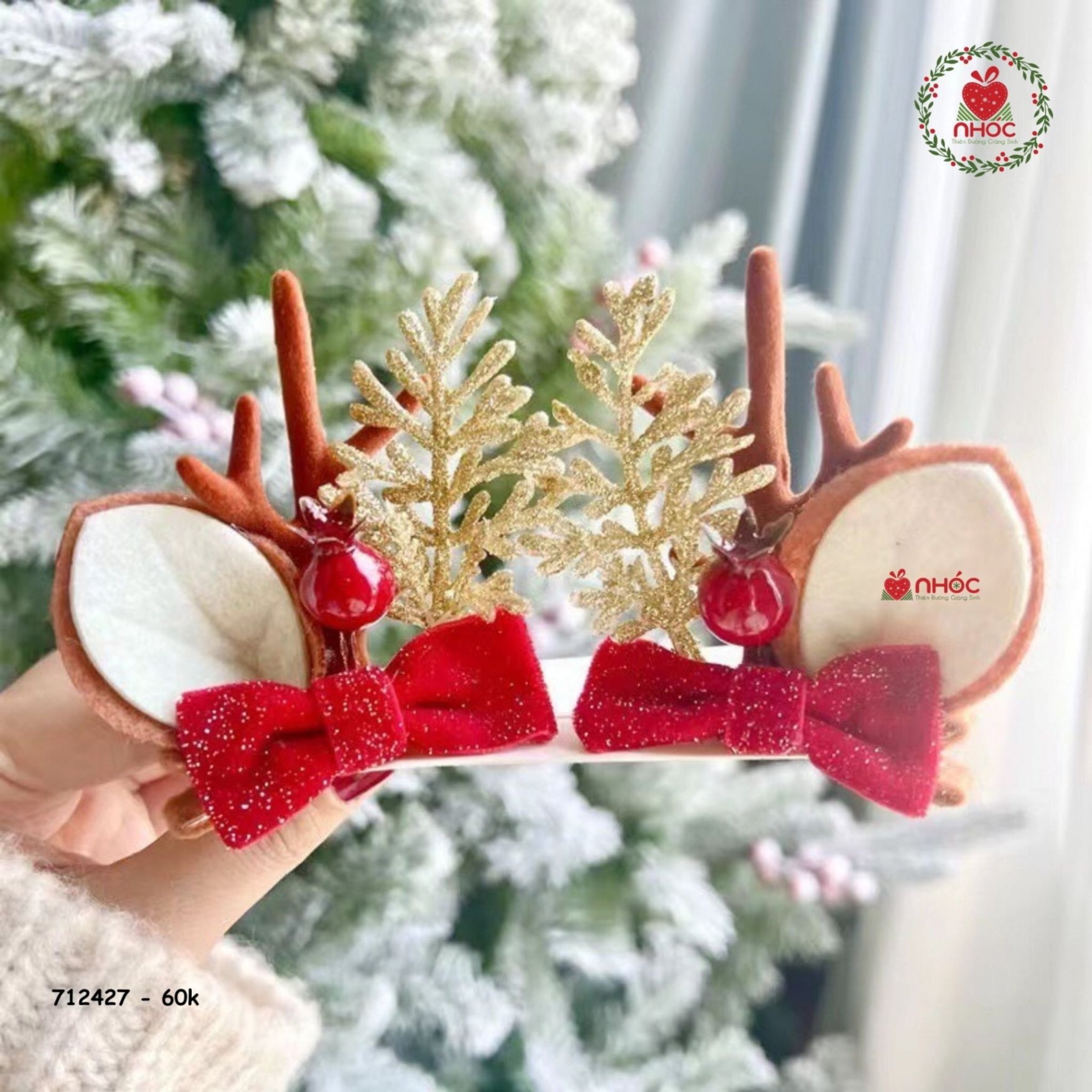 Cài tóc noel sừng tuần lộc đính nơ - Trái đỏ thông - 6001