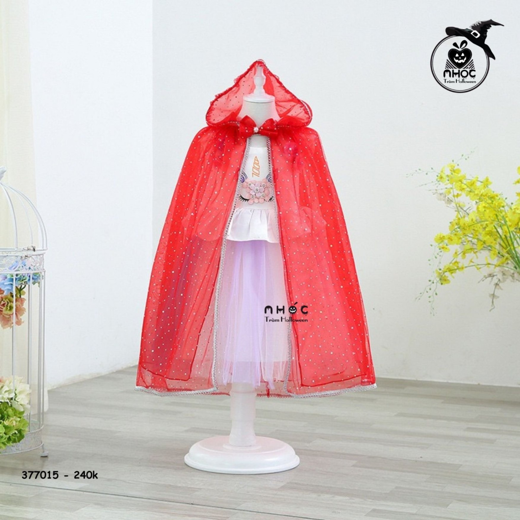 Áo choàng halloween vải lưới kim tuyến combo nón - Đỏ - 140240
