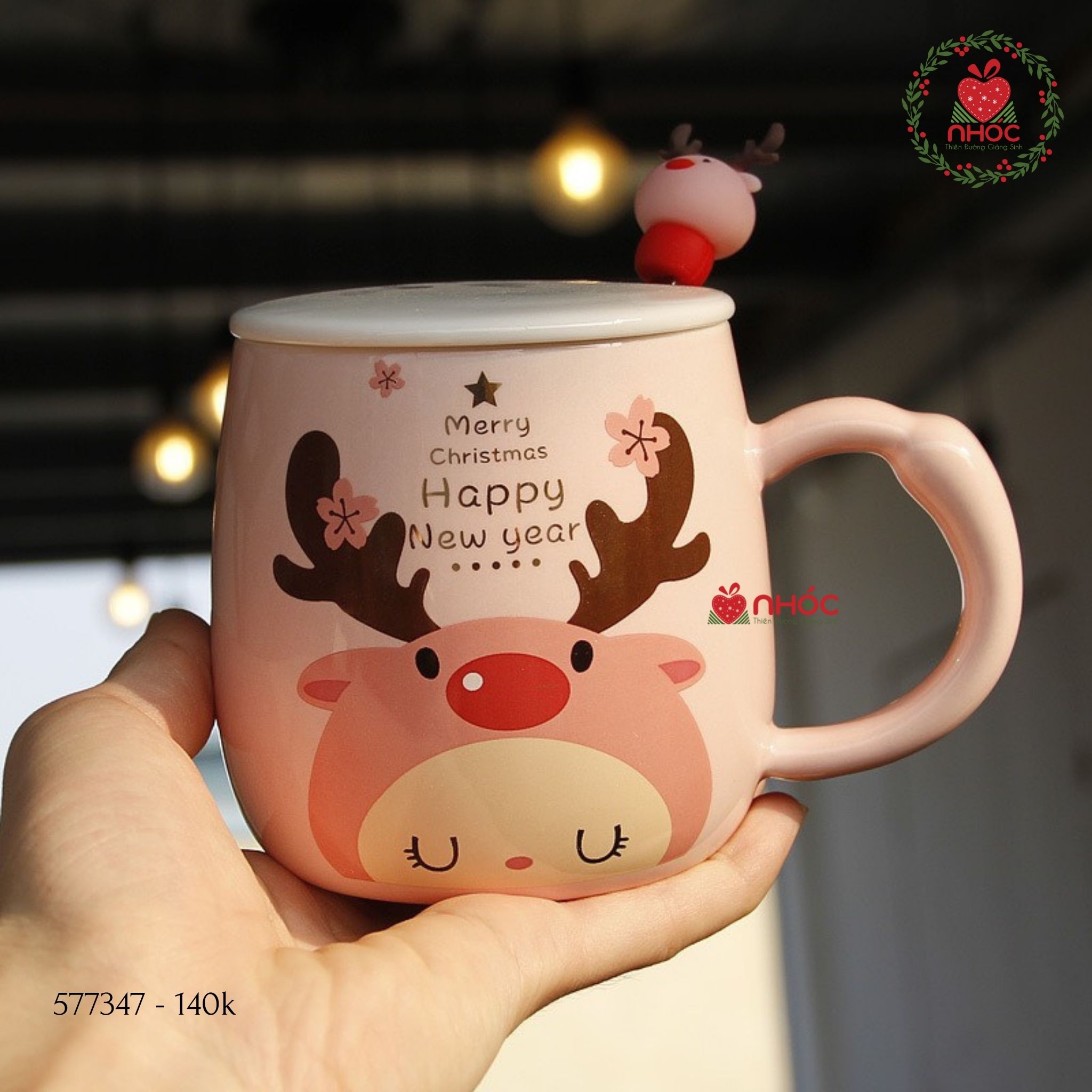 Ly sứ noel tuần lộc nắp trơn - Hồng - 14023