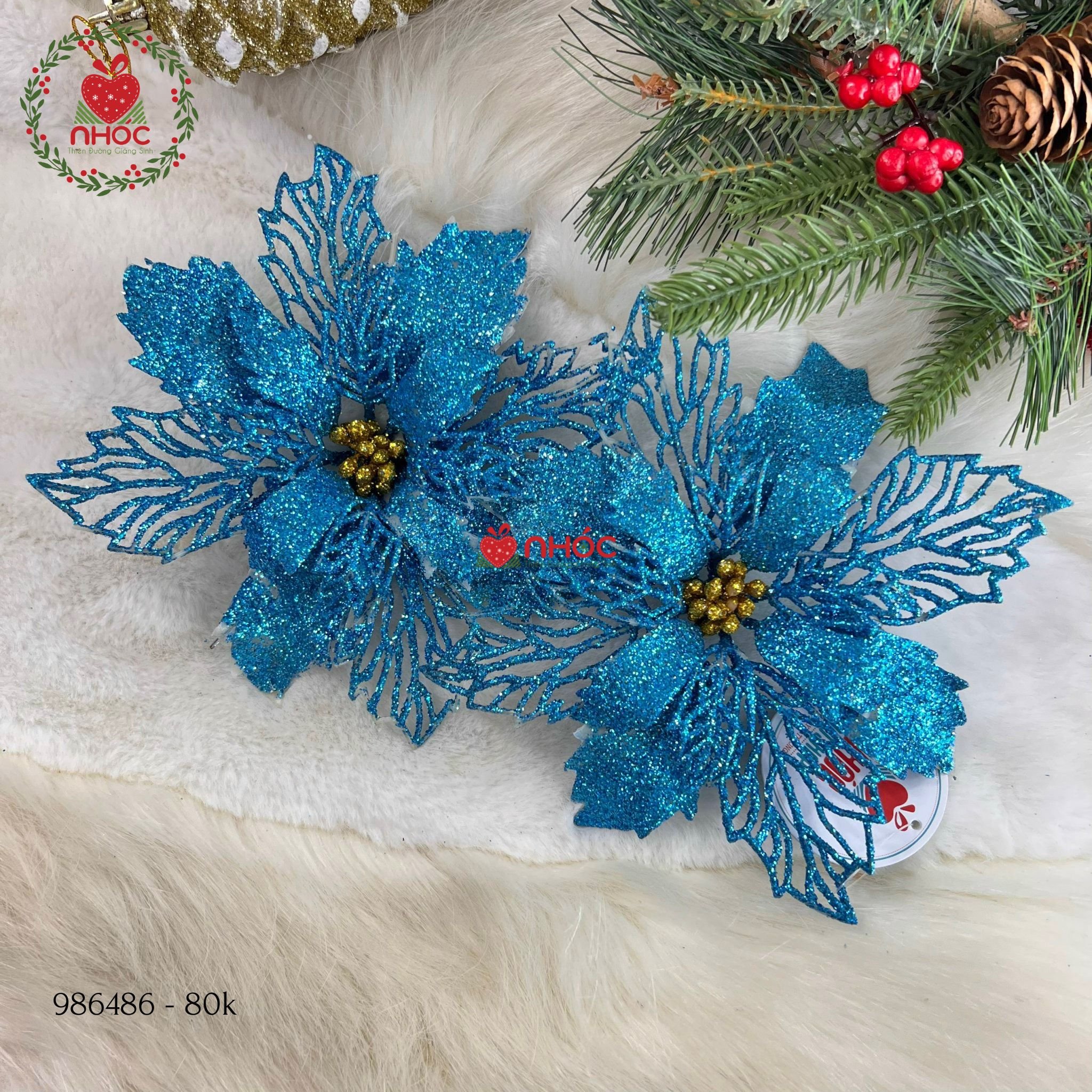 Phụ kiện trang trí Noel Hoa trạng nguyên kim tuyến 2 lớp bộ 2 - Xanh - 8001
