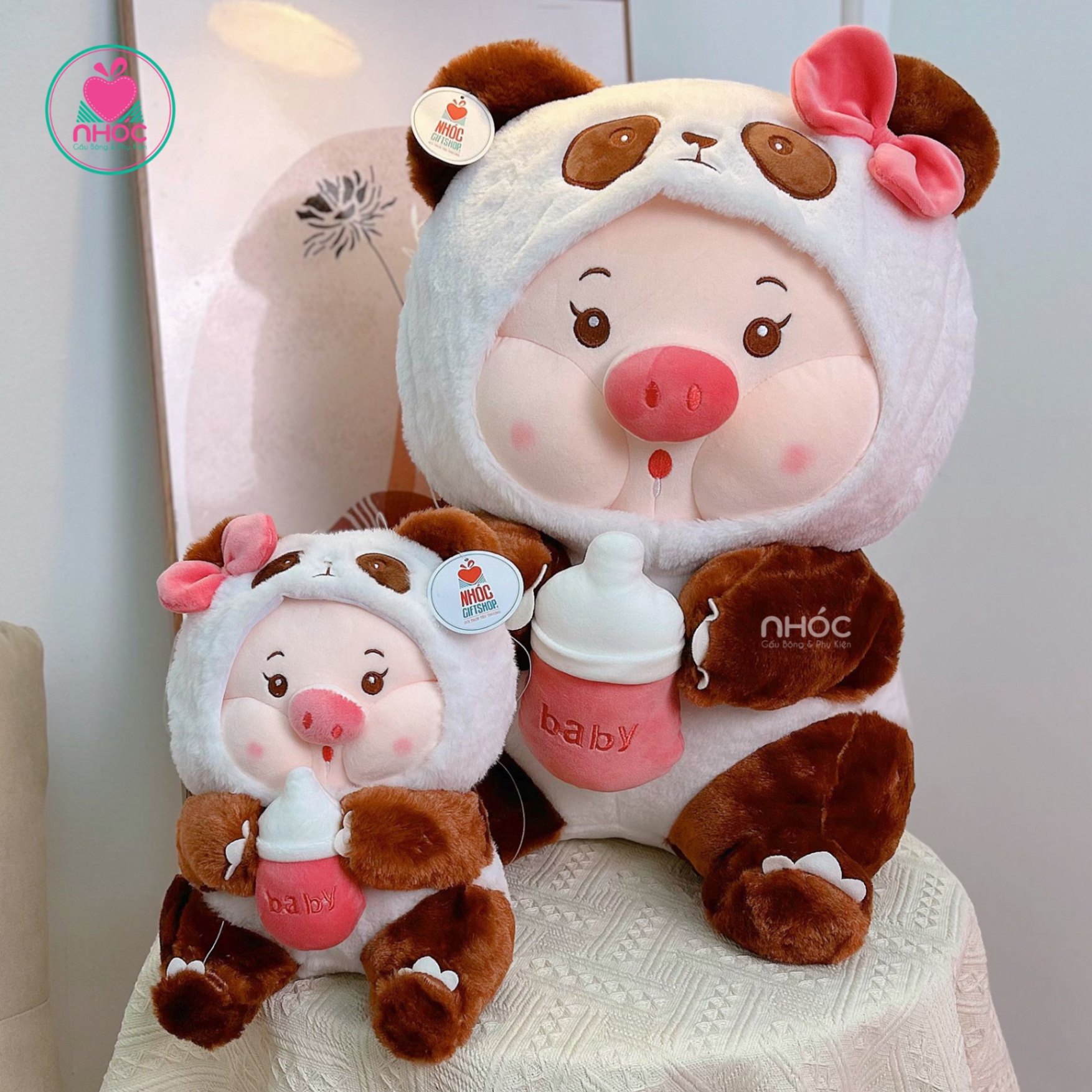 Thú bông Heo mặc áo Panda lông xù TC - Trắng nâu - 55460