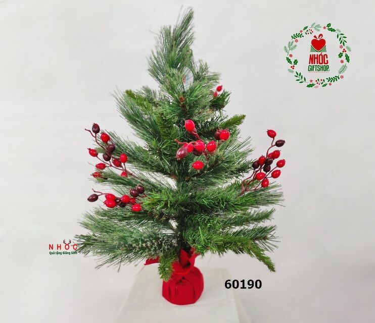 Cây thông noel để bàn cước nở hoa gắn trái đỏ - 60190