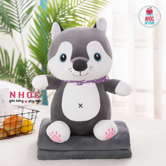 Gối mền thú quàng khăn lông mịn - Chó Husky xám - 55380