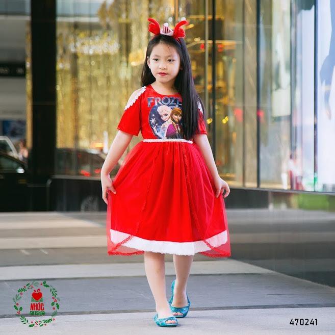 Đầm nhung noel in Elsa khoét tay - Đỏ - Size 1 - 45170