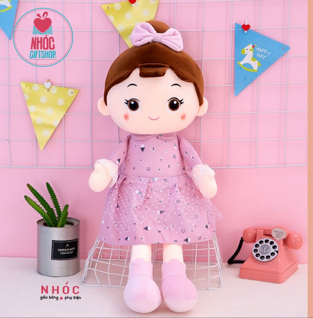 Búp bê bông mặc đầm búi tóc cột nơ lông mịn - Tím - 90480