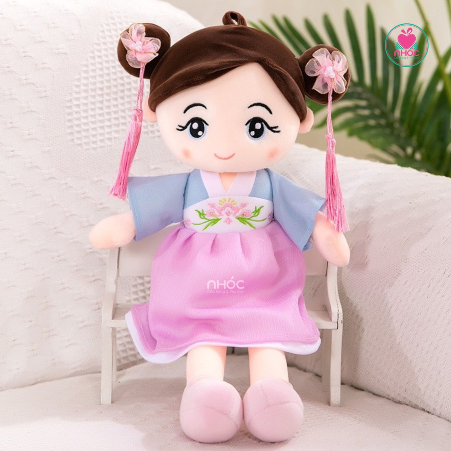 Búp bê bông mặc đầm cổ trang lông mịn - Hồng - 90580