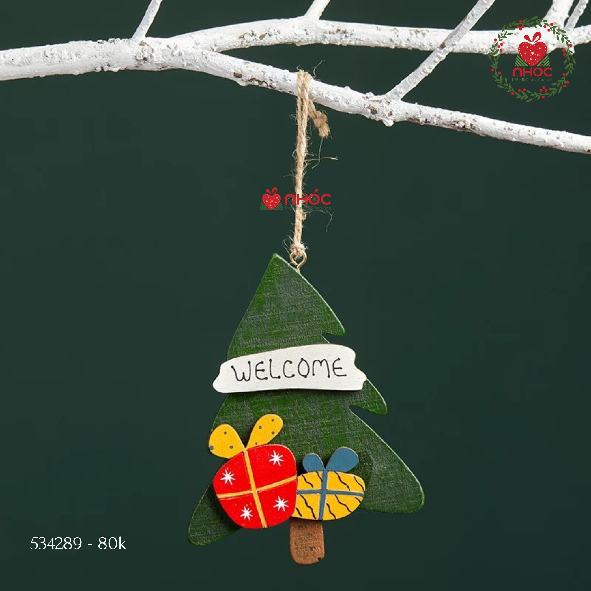 Phụ kiện trang trí Noel gỗ Cây thông Welcome - Hộp quà - 1580