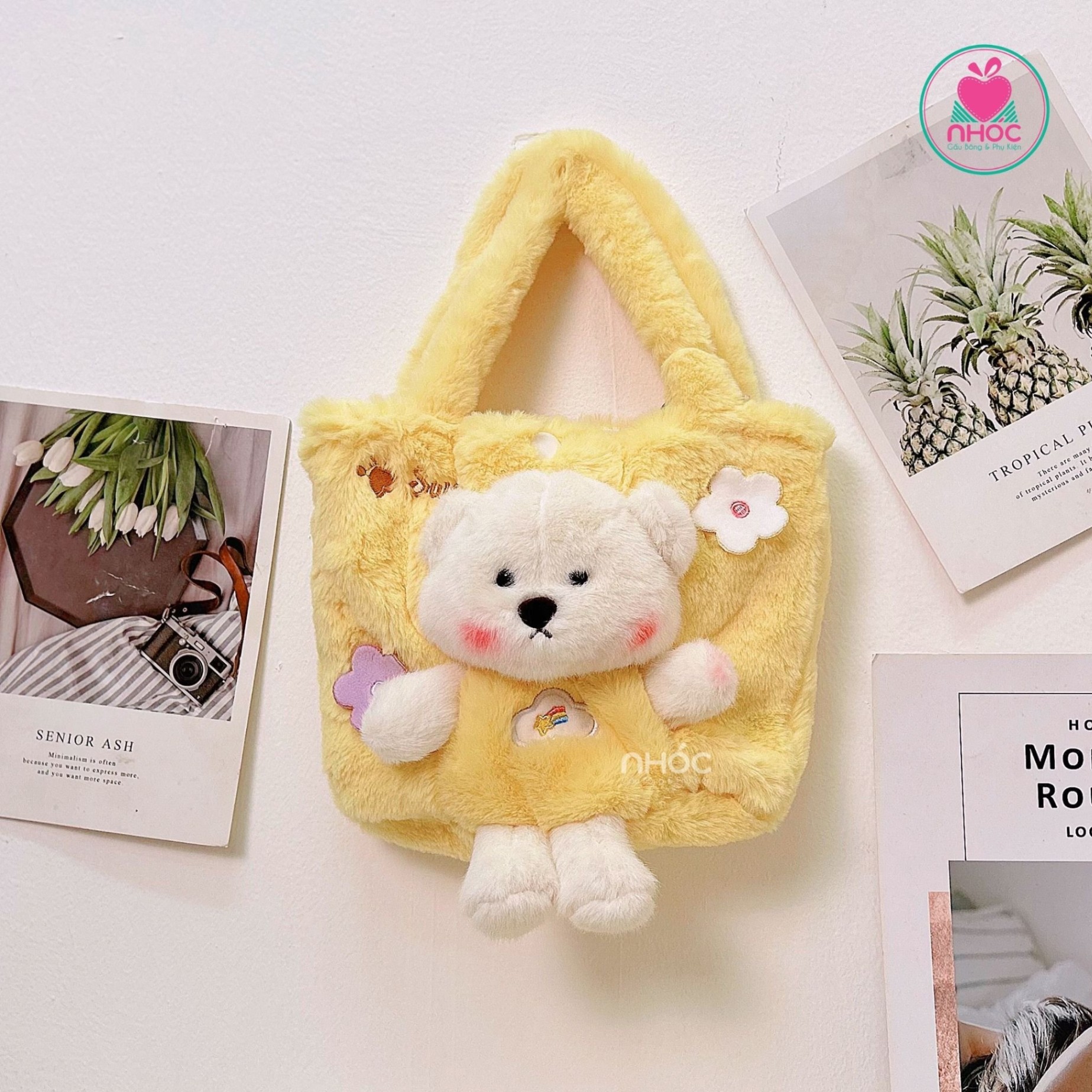 Túi xách bông đính gấu Teddy - Vàng - 15160