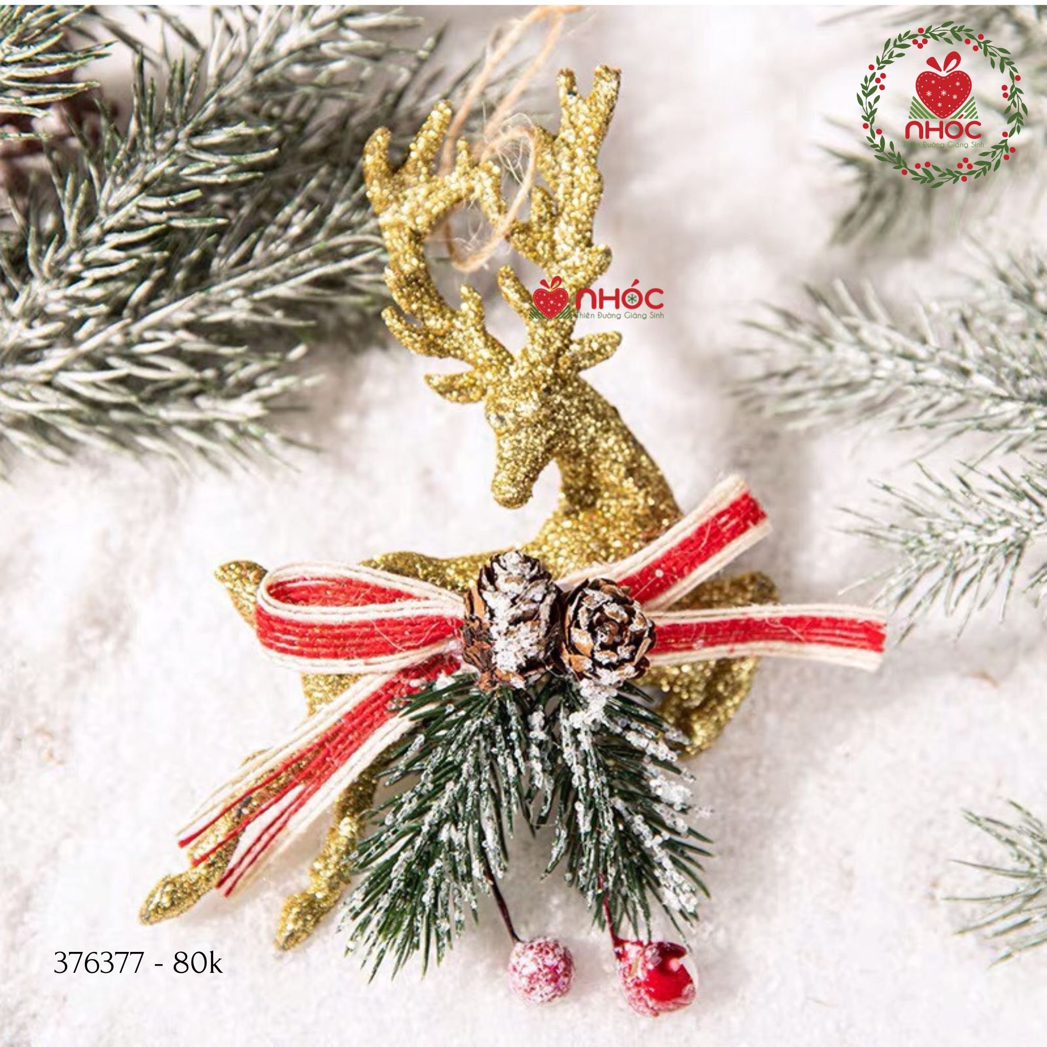 Phụ kiện trang trí noel treo Tuần lộc kim tuyến thông nơ - Vàng - 8001