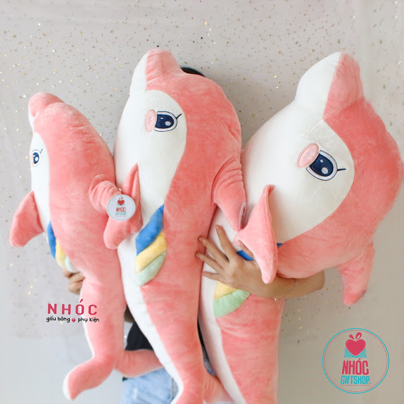 Thú bông cá heo thêu hoa lông mịn nằm - Hồng - 100460