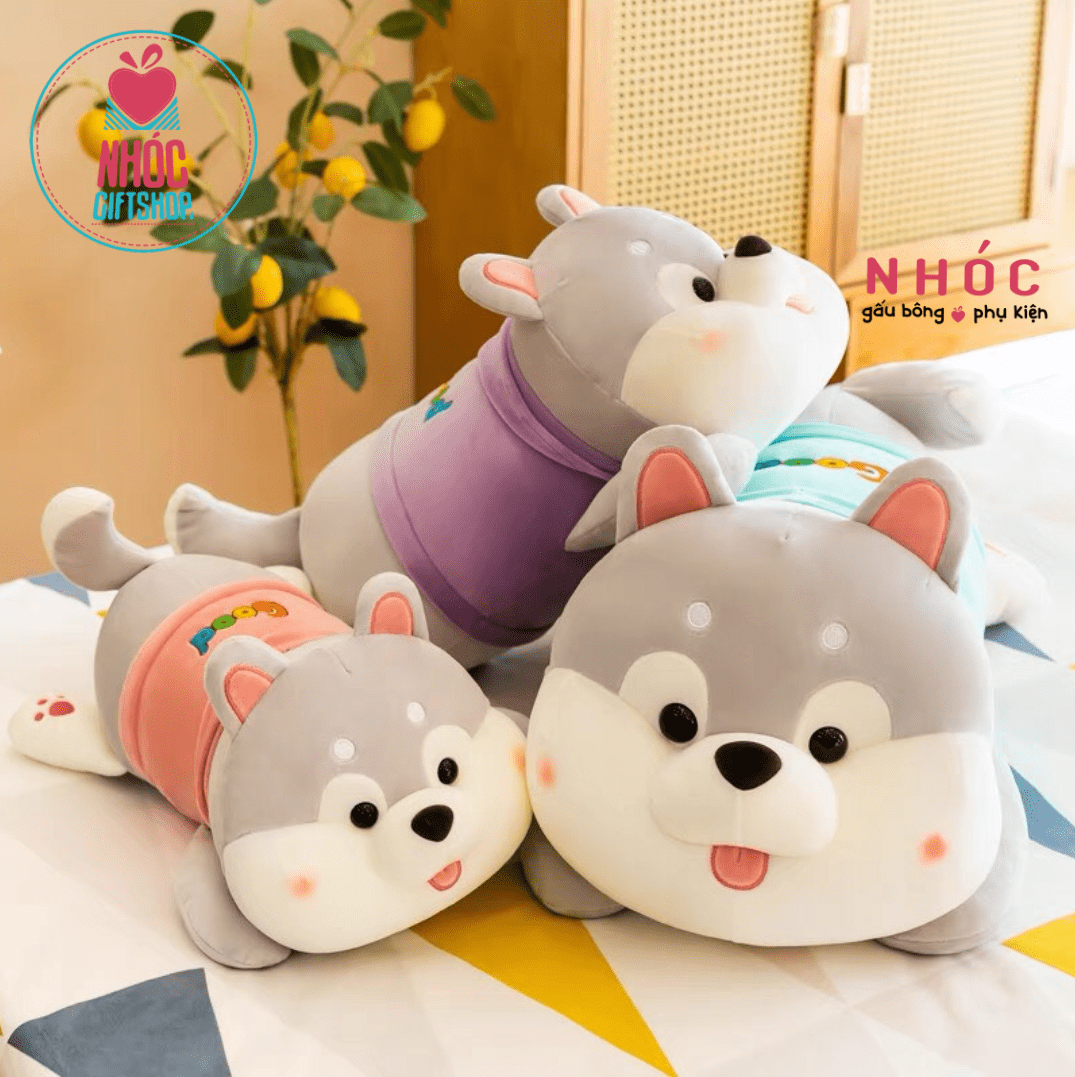 Thú bông chó Shiba mặc áo thêu good lông mịn nằm - Tím - 70440