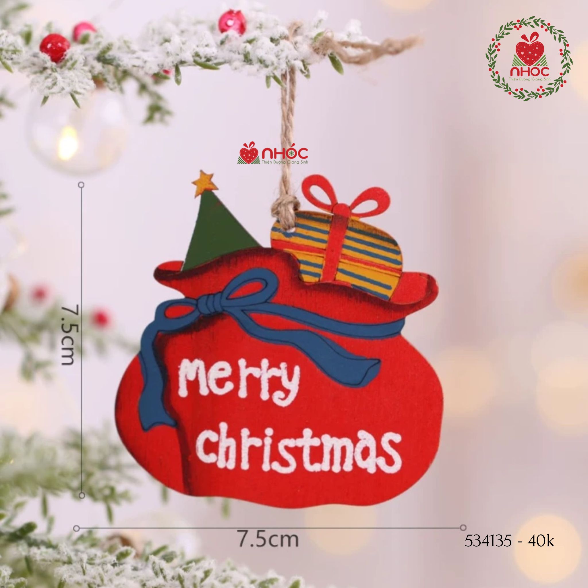 Phụ kiện trang trí Noel gỗ - Túi quà Merry christmas - 1040