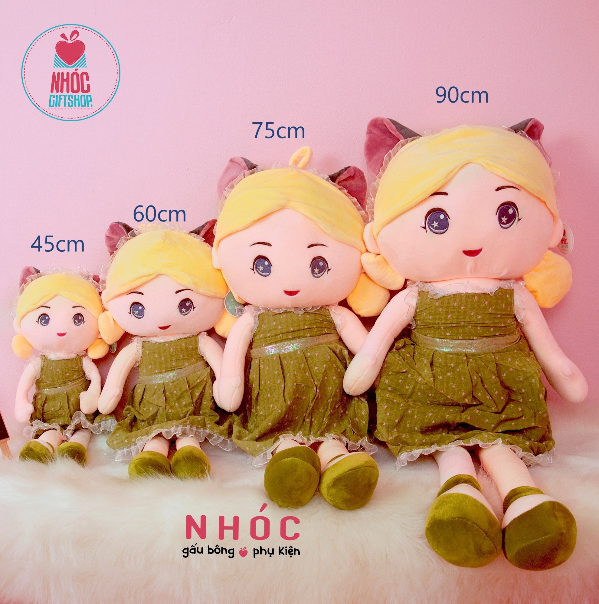 Búp bê bông đầm hoa cài mèo lông mịn - Xanh lá - 90480