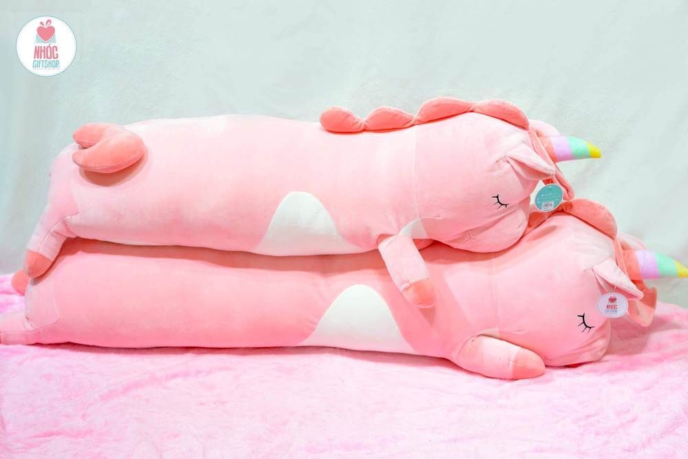 Gối ôm kỳ lân cánh bảy màu lông mịn nằm - Hồng - 95480