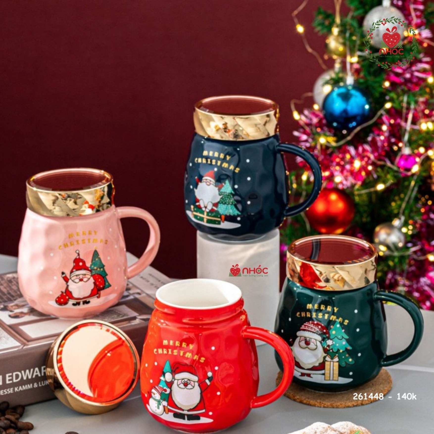 Ly sứ Noel nắp kiếng vàng