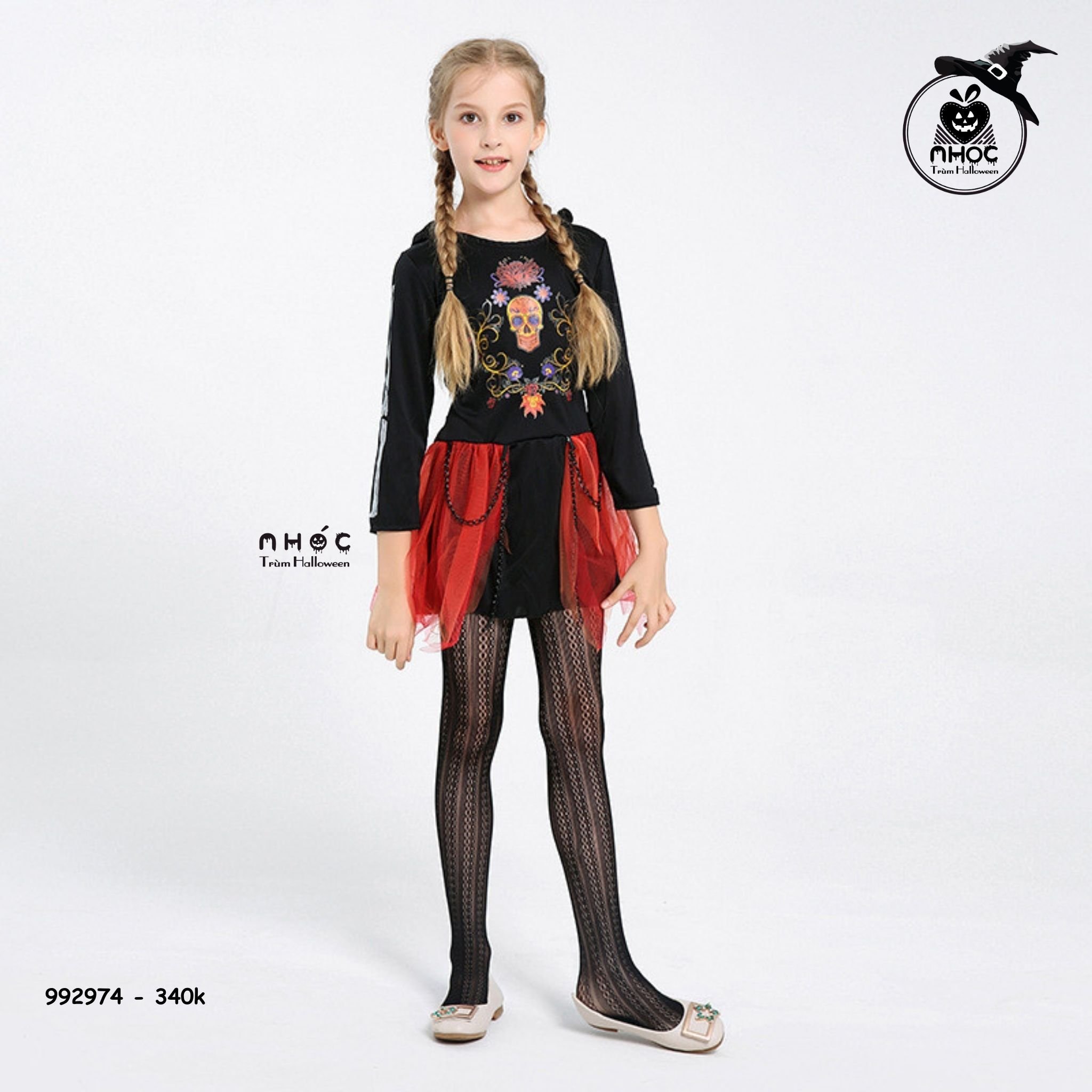 Đầm halloween tay in xương trùm đầu váy lưới dây xích - Size S - 34001
