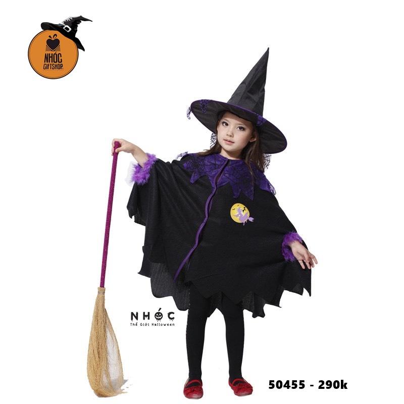 Áo choàng halloween phù thủy nỉ cổ lưới nhện combo nón - Size M - 115290