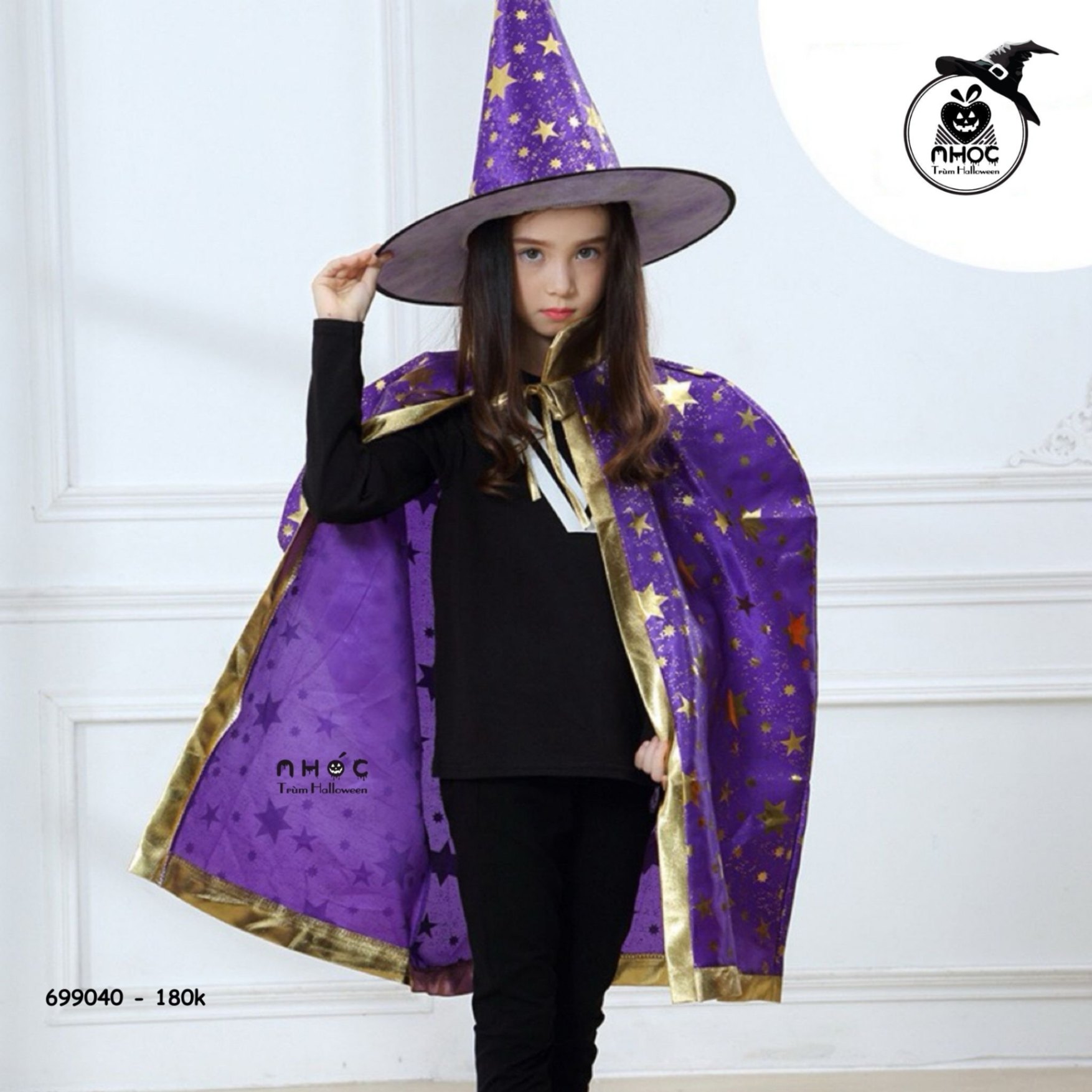 Áo choàng Halloween nhũ in sao combo nón - Tím - 80180
